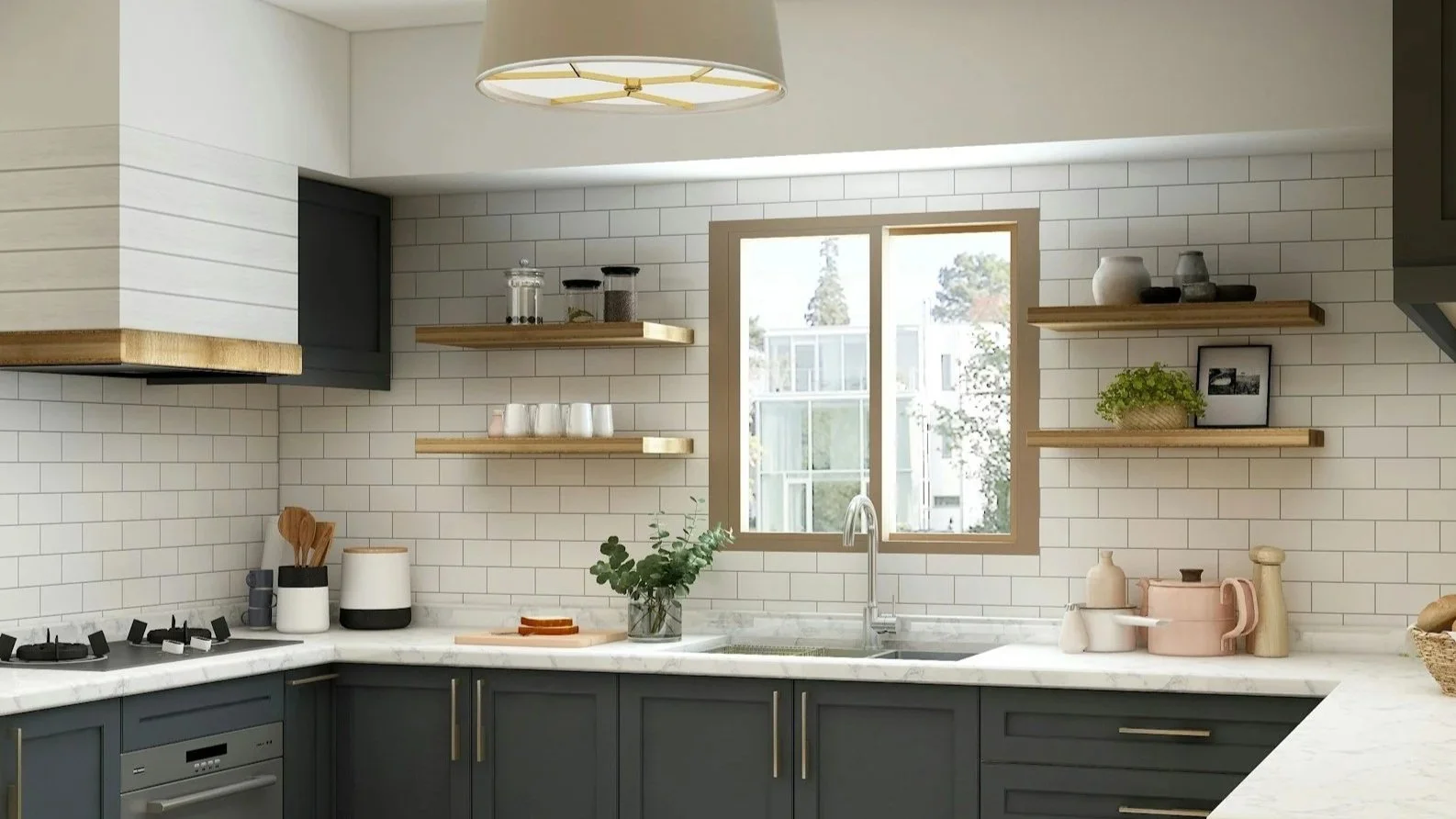 A kitchen with a white tile backsplash