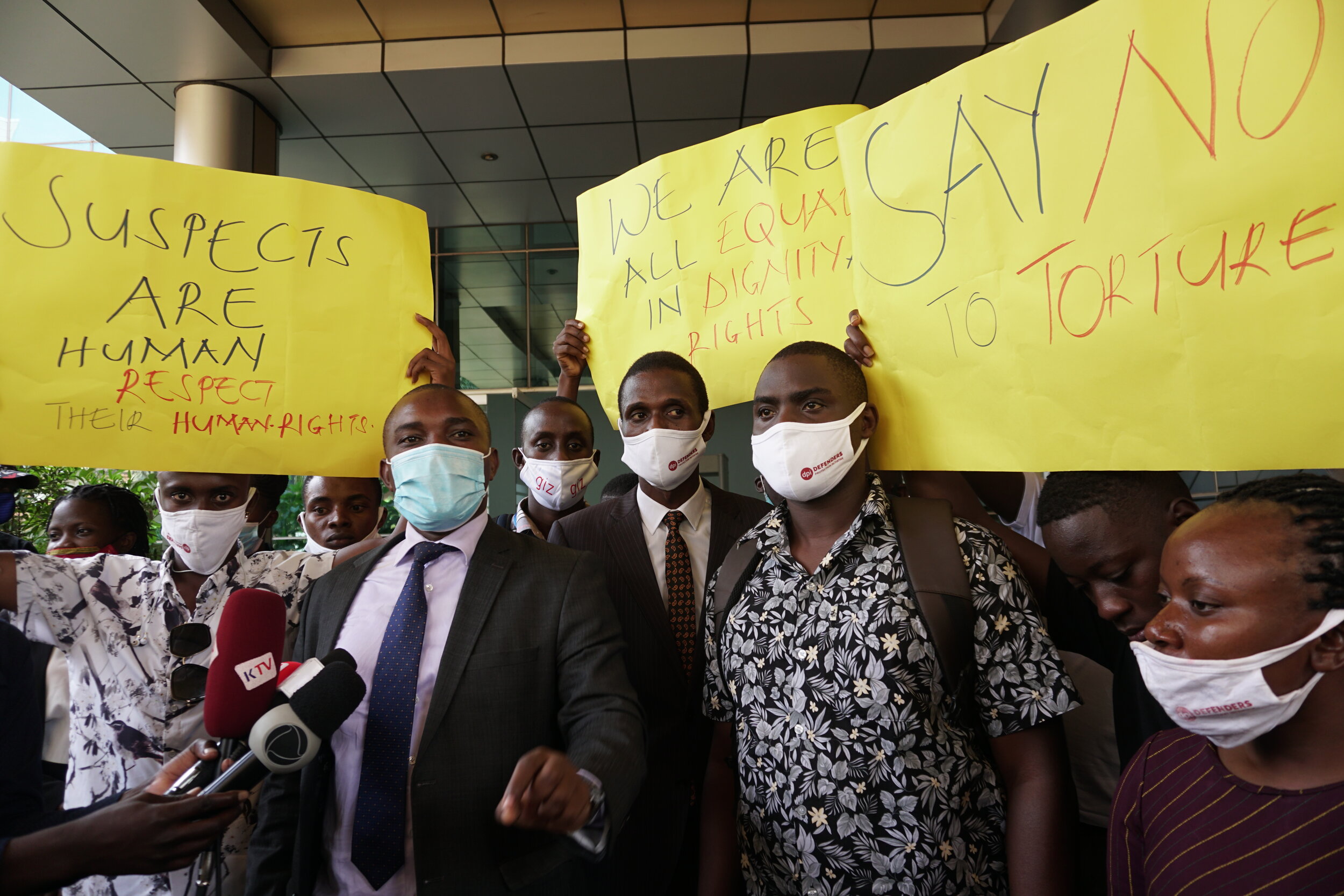 Adrian Jjuuko, Executive Director and lawyer at the Human Rights Awareness and Promotion Forum, speaks outside the High Court after filing the civil law suit on Tuesday.JPG