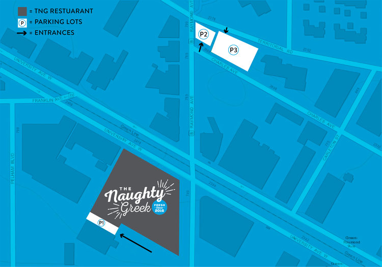 The first lot is south on Raymond, right behind our restaurant. The second and third lots are at the corner of Raymond and Territorial.
