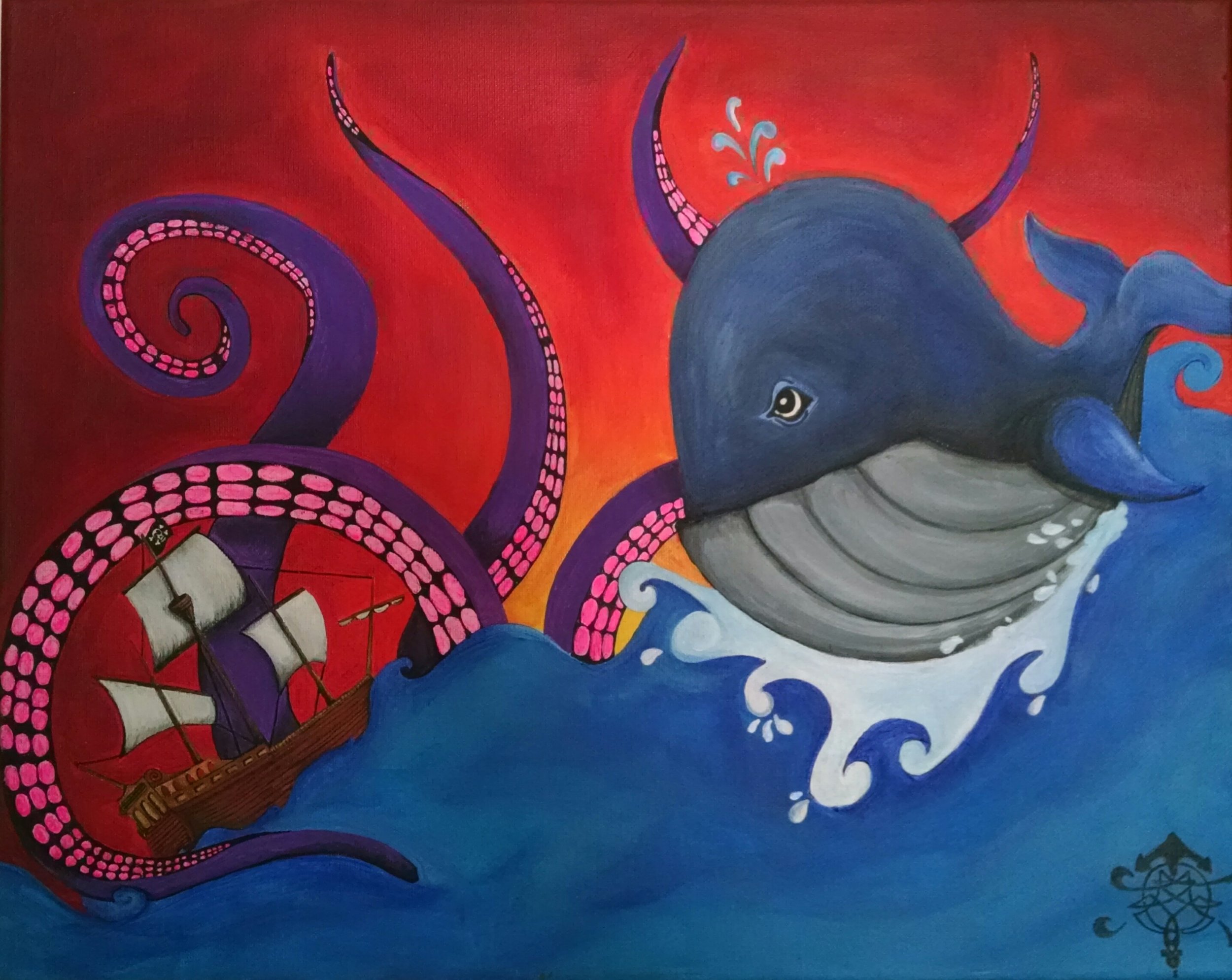 A collaborative piece by my wife Sarah and I. She drew the ship, whale and waves, and I added tentacles and painted it up.