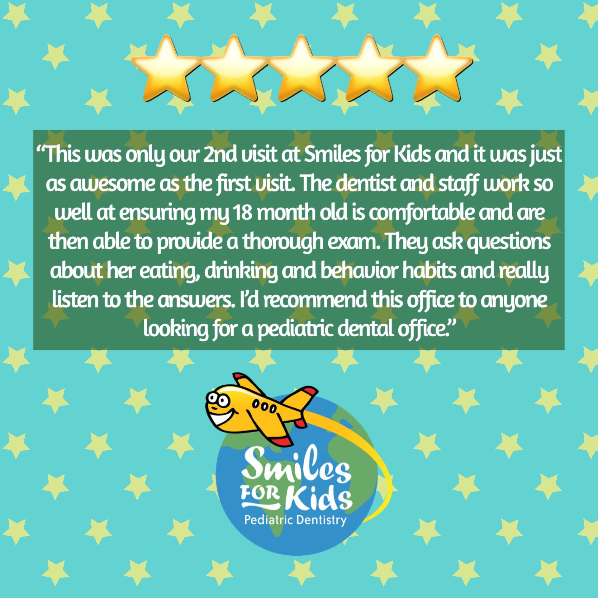 ⭐️⭐️⭐️⭐️⭐️
Thank you so much for your 5 star review! 😁 We love our patients!

#5stars #smilesforkids #pediatricdentistry #weloveourteam #weloveourpatients #houston #memorial #hedwigvillage #hunterscreekvillage #springvalleyvillage #pineypointvillage