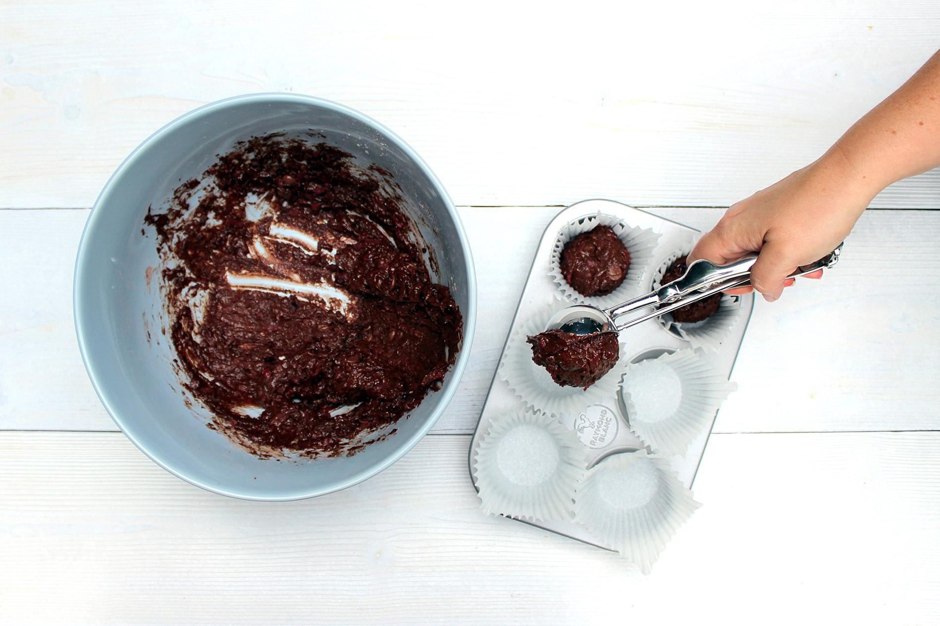 Mix and spoon into muffin cases