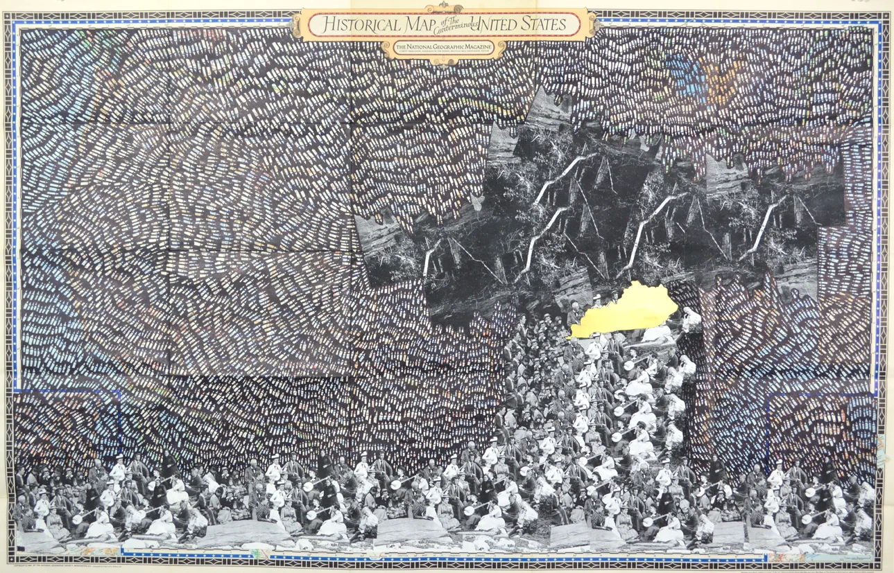The Ghosts of Kentucky, ink, found image, vintage map, 26.5" x 40.5", 2014