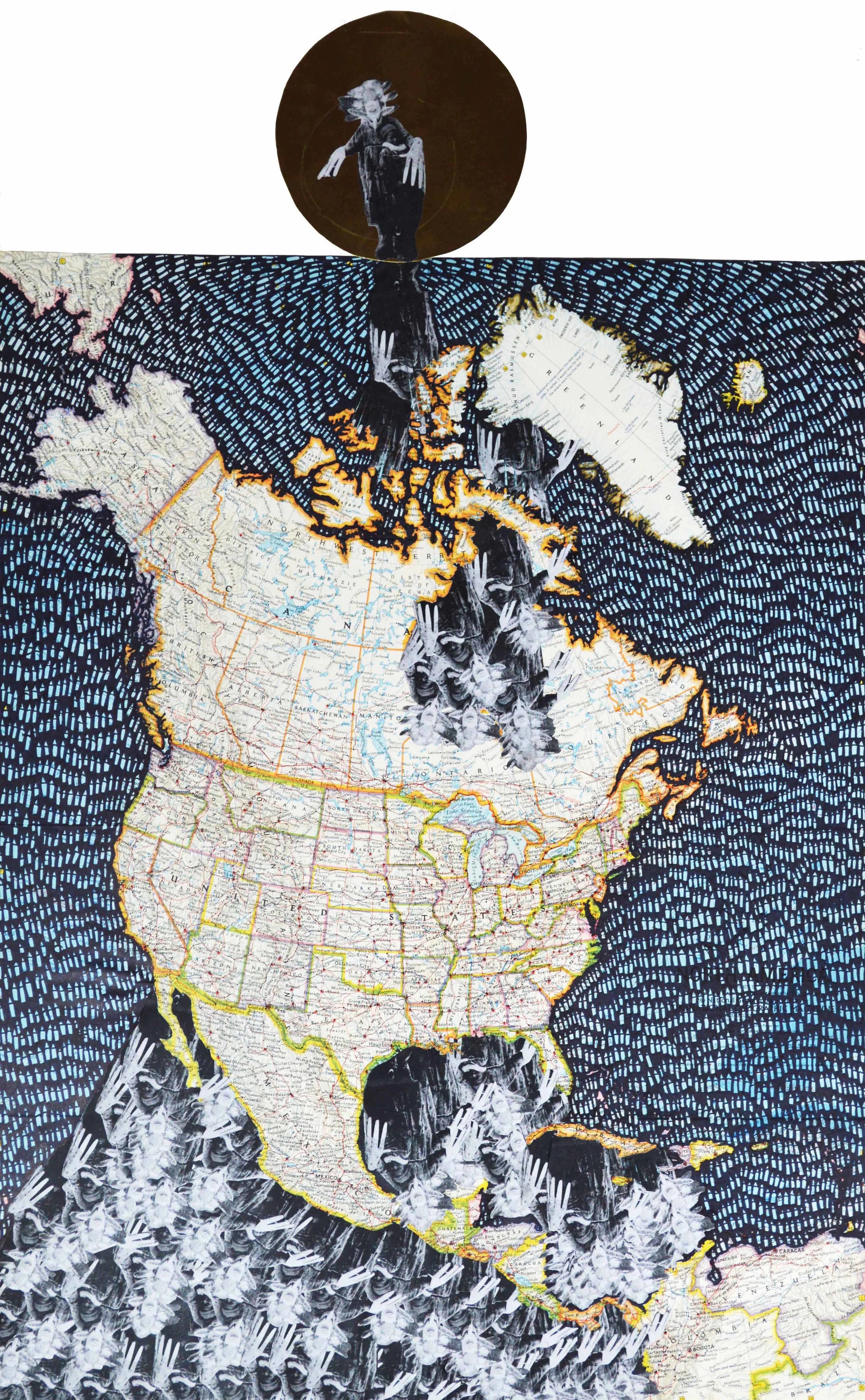 Medicine Man, ink, found image, vintage map, 18 7/8" x 30 3/8", 2015