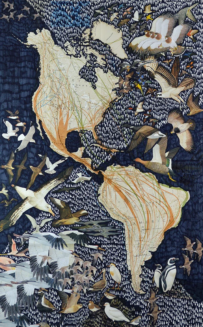 Migration, ink, found image, vintage map, 22.5" x 36", 2018
