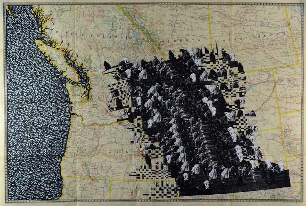 Up North, ink, found image, vintage map, 24.25" x 36", 2016