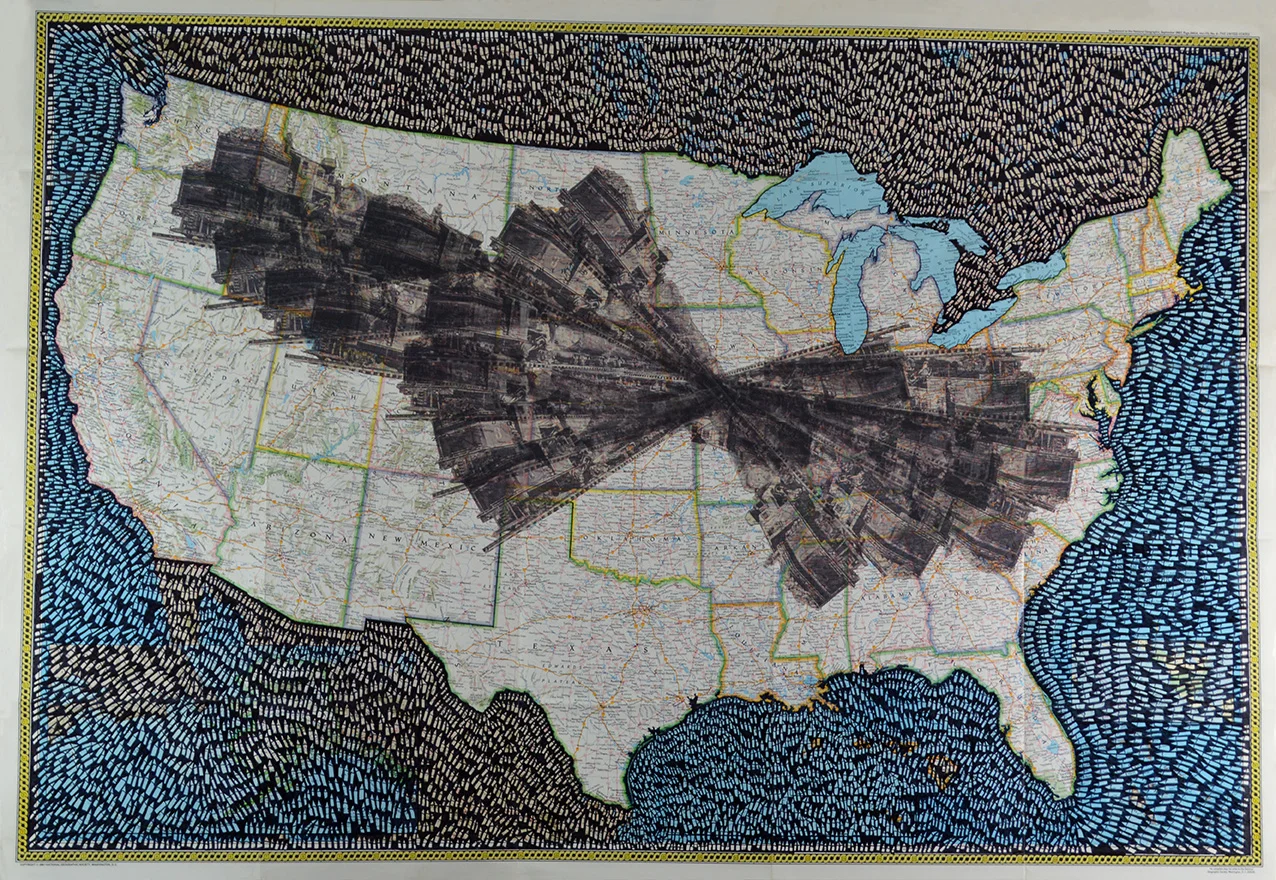 Rail Ties, ink, found image, vintage map, 29.5" x 42.5", 2017