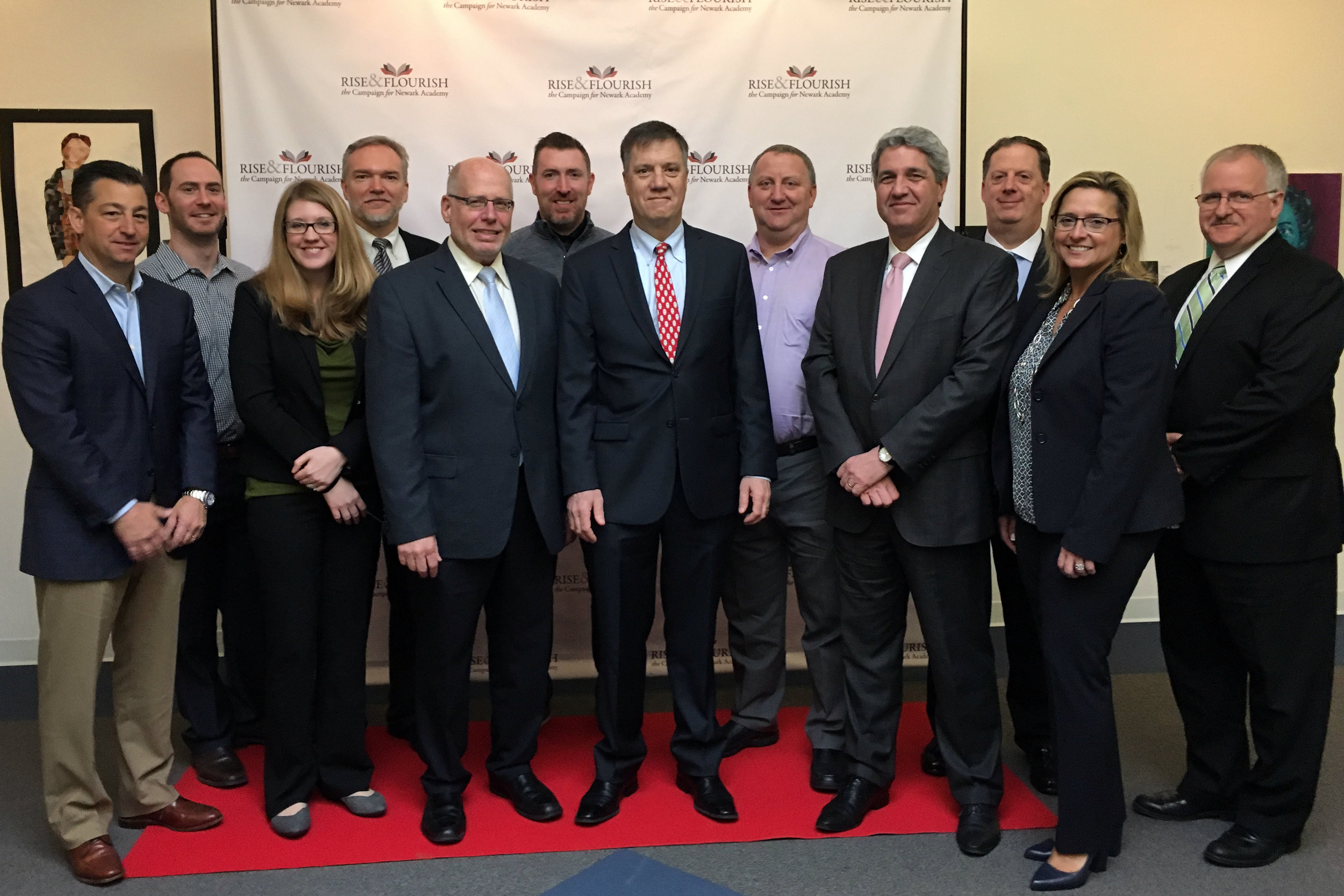 Pictured from left to right: Paul Natoli, Joseph A Natoli Construction Corp.; Jon Tenebaum, Joseph A Natoli Construction Corp.; Marlene Borruso, Associate NK Architects; Walter Kneis, Principal NK Architects; Sam Goldfischer, Director of Business and Finance Newark Academy; Brian Stephenson, Director of Facilities Newark Academy; Don Austin, Head of School Newark Academy; Wayne Kent, former Facility Committee Chair Newark Academy; Frank Sorrentino, Chairman & CEO ConnectOne Bank; Mark Cardone, First SVP ConnectOne Bank; Elizabeth Magennis, EVP & CLO ConnectOne Bank; Michael McGrover, First SVP & CCO ConnectOne Bank
