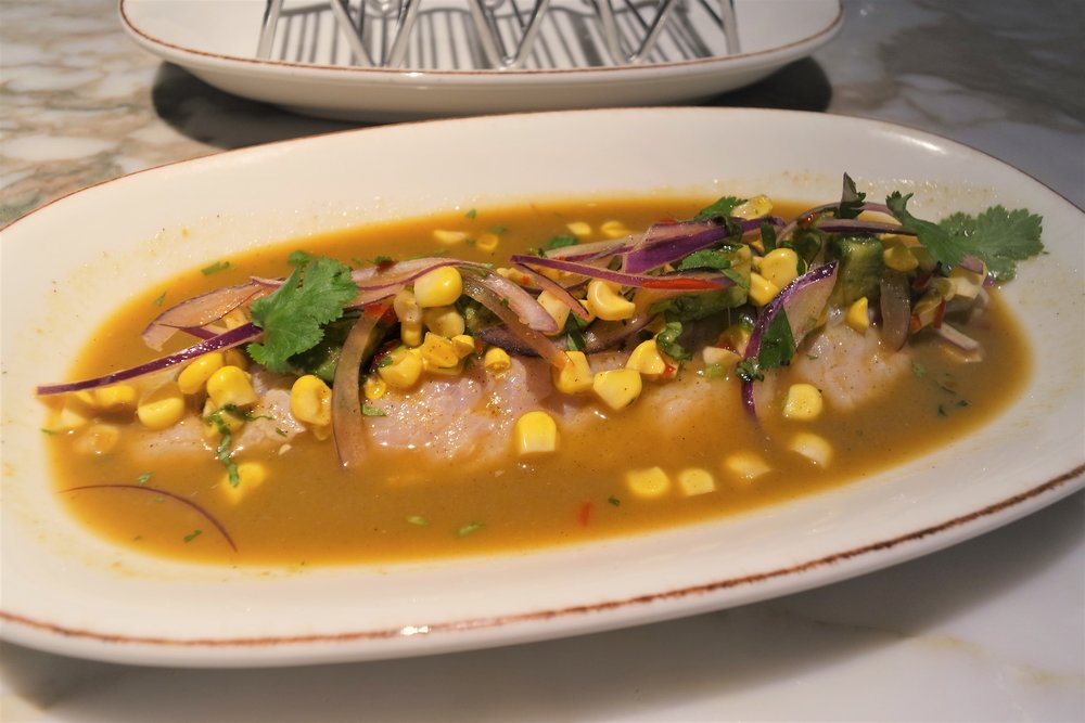 Seabass Ceviche with Avocado, White Corn and Red Onion (£11.00)