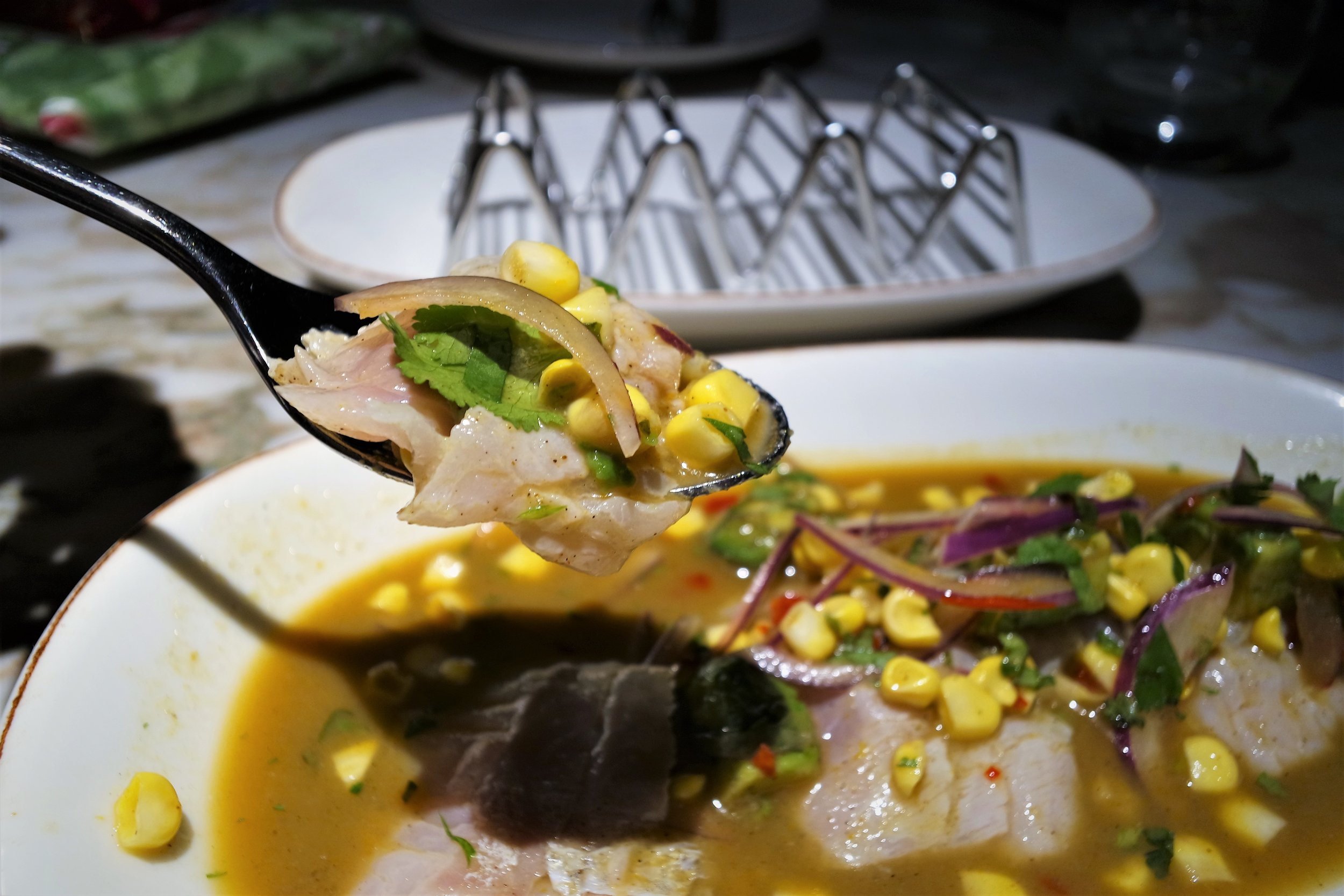 Seabass Ceviche with Avocado, White Corn and Red Onion (£11.00)