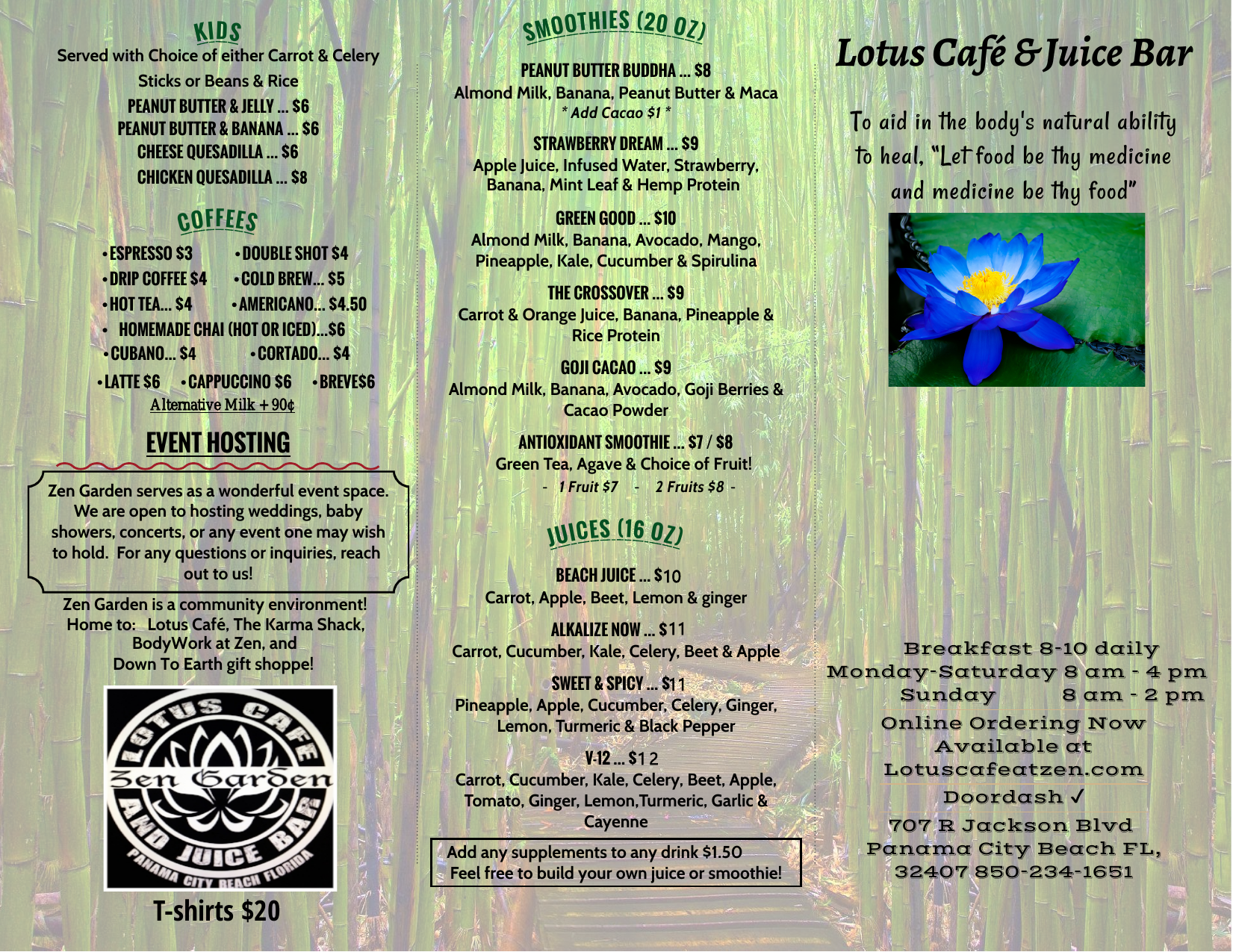 Lotus Plus Menu Menu - Lotus Cafe & Juice Bar. Lotus at Twilight.