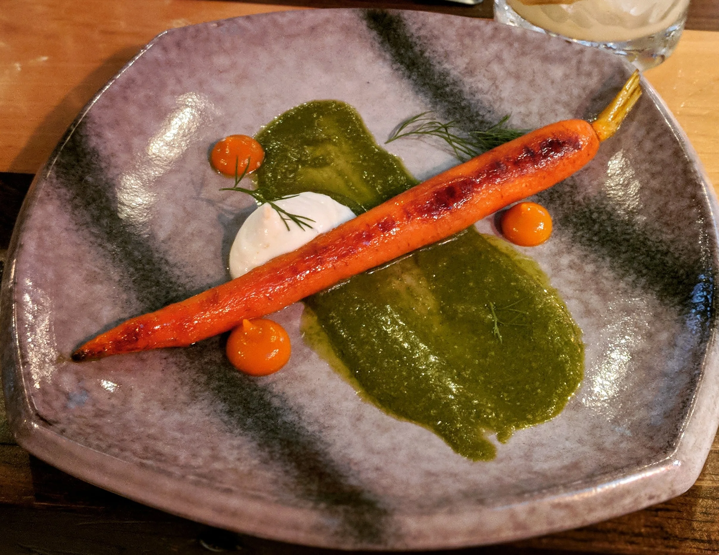 Fourth Course: Carrot three ways; roasted carrot over pesto (made from the leaves), carrot puree. 