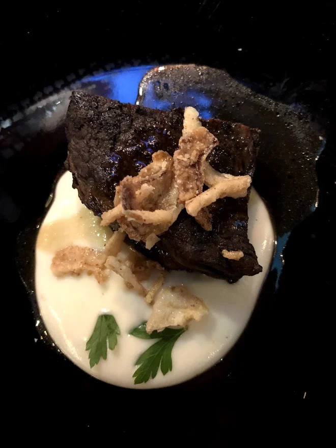 Fifth Course: That may look like steak but its short rib, with cauliflower cream. Not pictured: a lovely glass of red wine. 