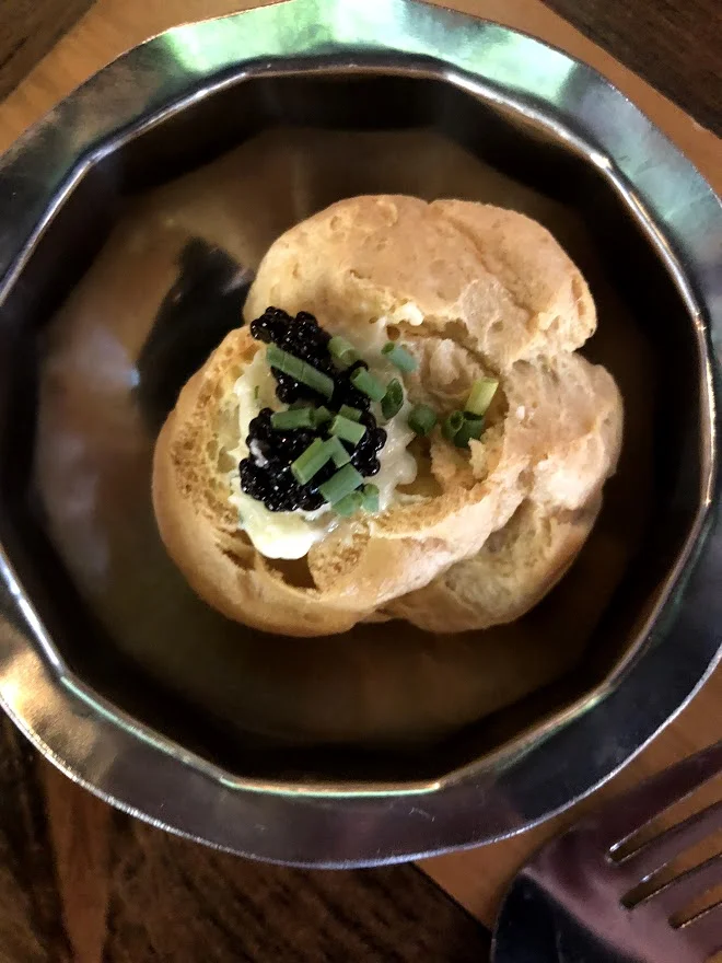 Amuse Bouche: Profiterole with bone marrow butter and caviar 