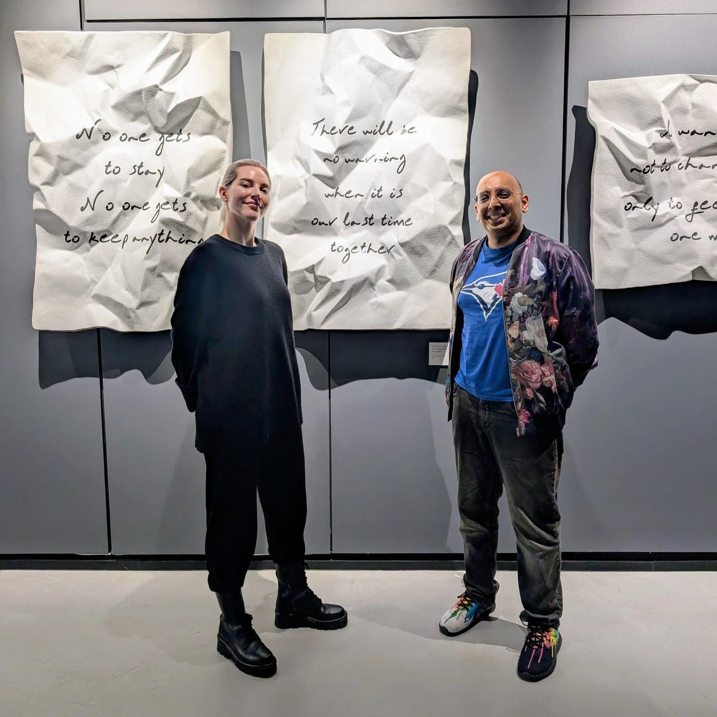 The walls are covered in poetry, but the works look like enlarged pieces of paper that have been screwed up and unfolded. It&rsquo;s as if they&rsquo;ve been discarded and rediscovered, whether found or the result of the frustrations of the creative 