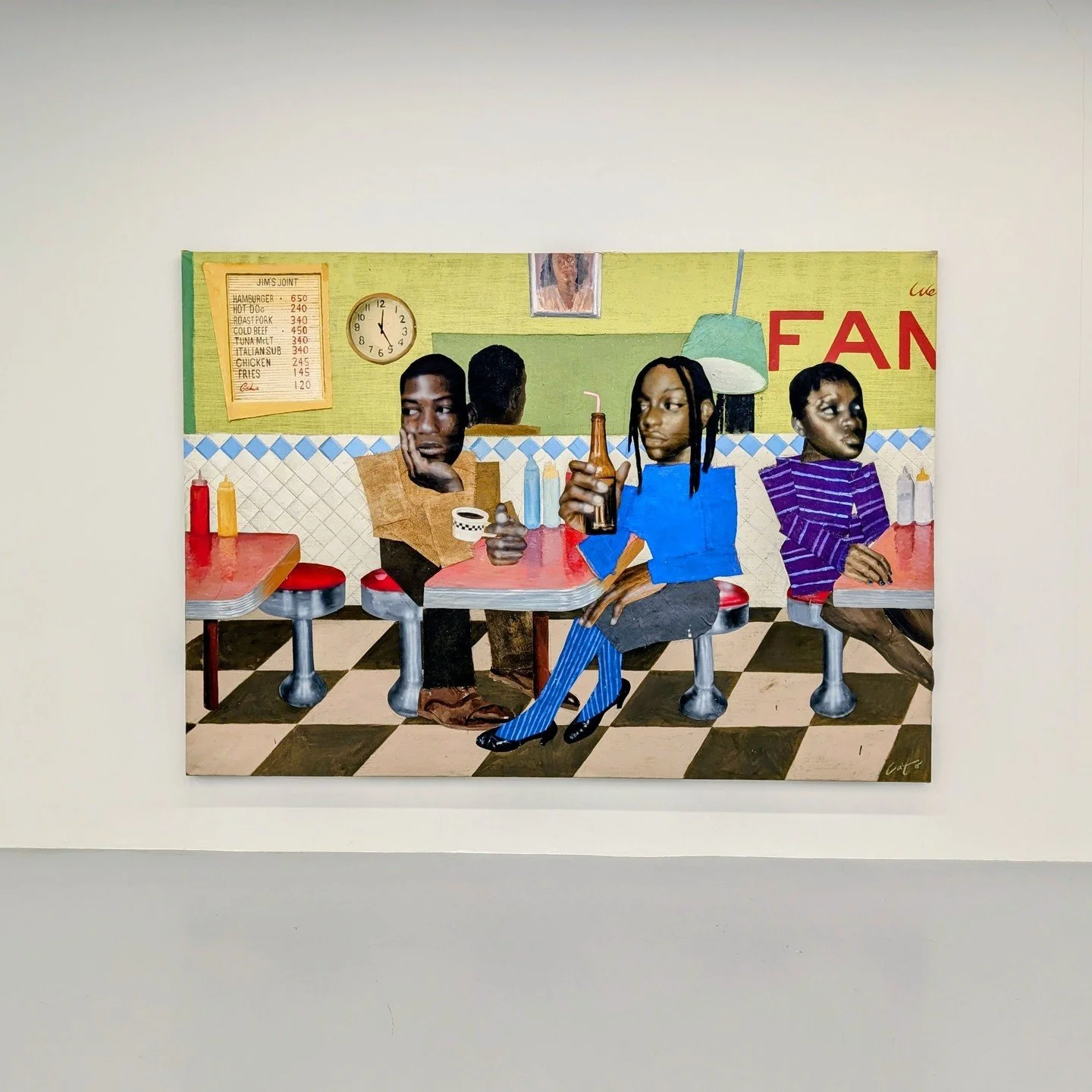 Based on collaged photographs of people in his community, Cato creates painted everyday scenes, including drumming, playing a guitar, or socialising at a barbershop. I enjoy how he makes his work more expressive through exaggerated hands and faces, a