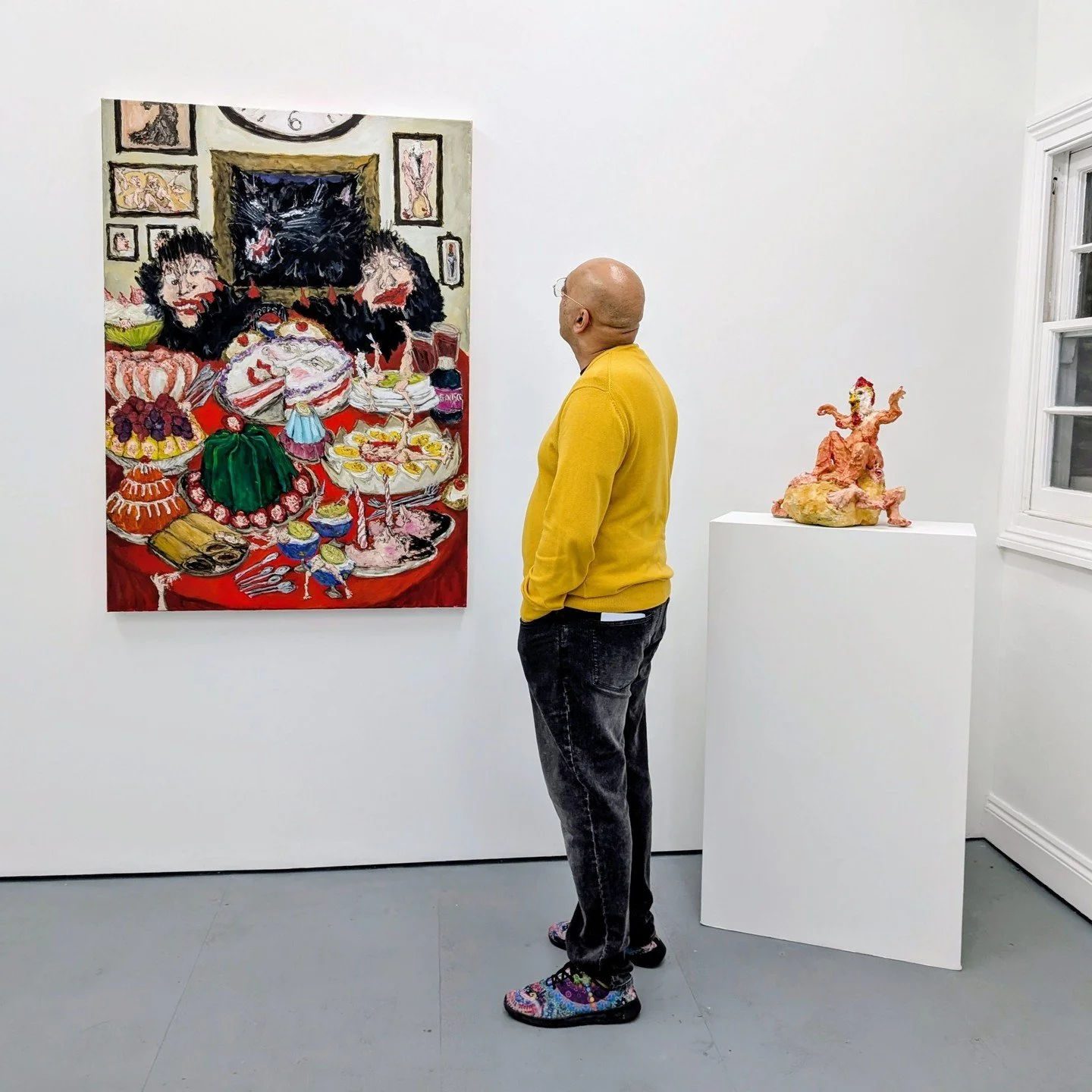 Distorted versions of the artist and her cat appear throughout these chaotic tableaux, alongside characters designed around terms associated with women &ndash; birds, chicks and cows. It&rsquo;s all set around tables, something women often prepare bu