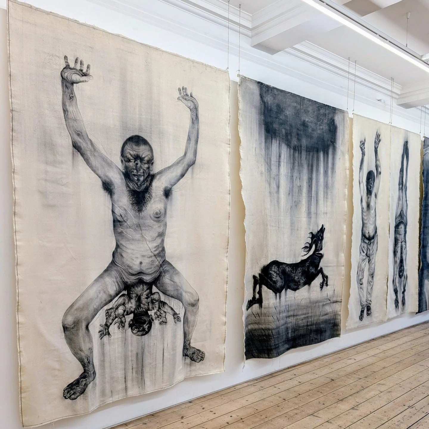 A decapitated head, what looks to be a traumatic birth and demonic figures. All of these can be found in the graphite drawings on cotton suspended in the gallery. The images are based on Persian mysticism, and neither shows good nor evil, bringing to