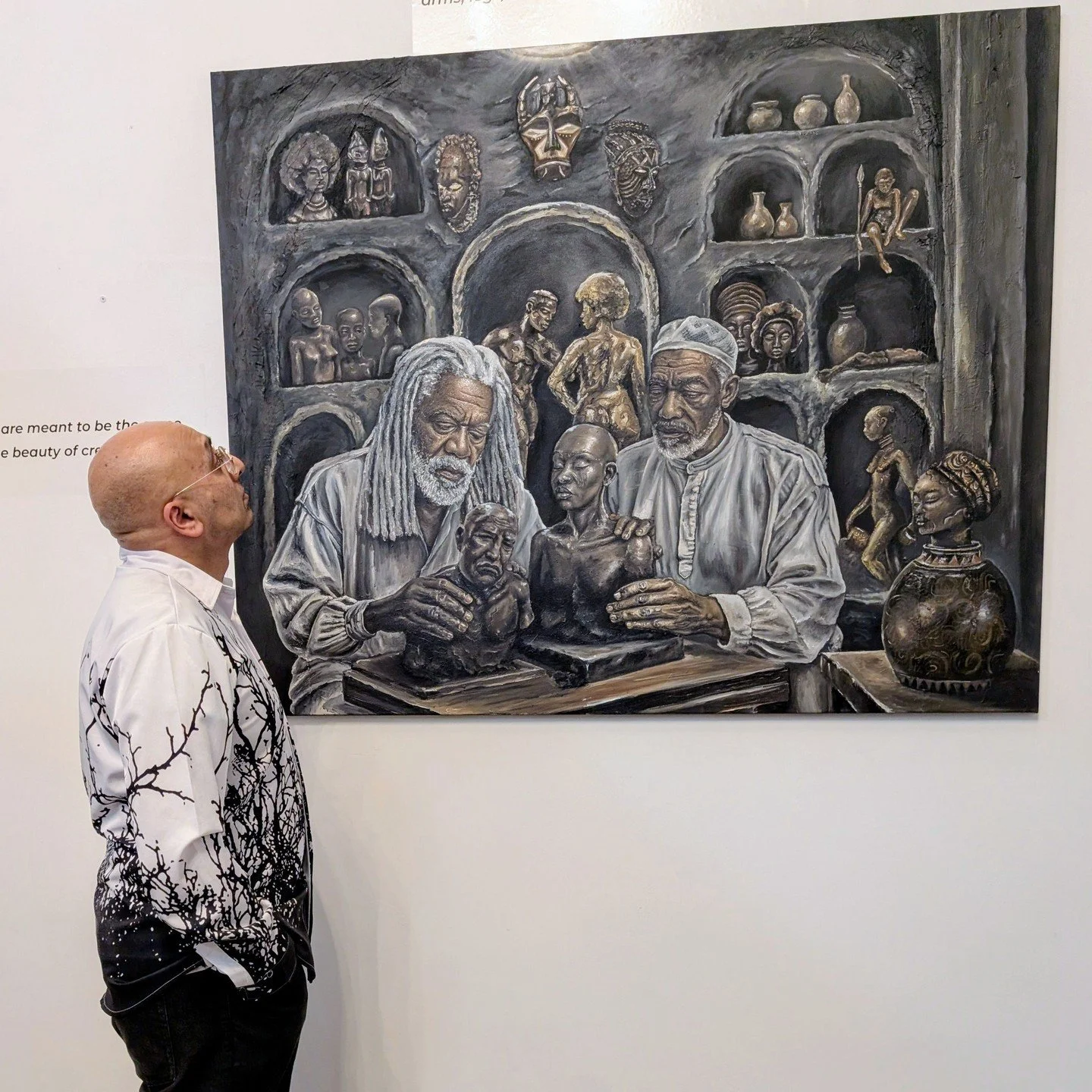 These paintings, based on African folklore, tell stories that many Western audiences are unfamiliar with: creation, heroism, monsters and courage, while portraits of deities look down upon us from the top of the gallery space. Adeche Atelier is a duo