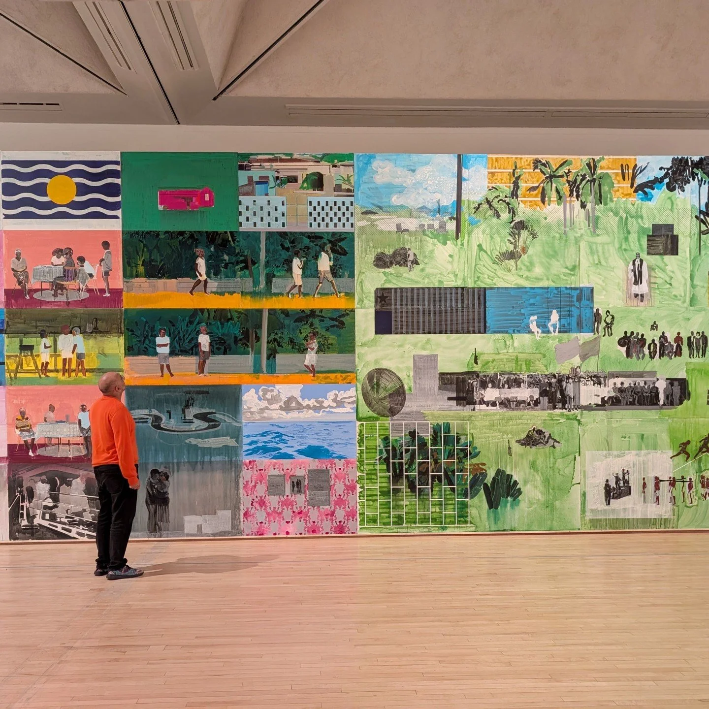 Hurvin Anderson was born in the UK to a father who had emigrated from Jamaica. It means he has ties to both sides of the Atlantic, and we see this in his paintings, which include lush landscapes and domestic interiors. His works cover childhood days 