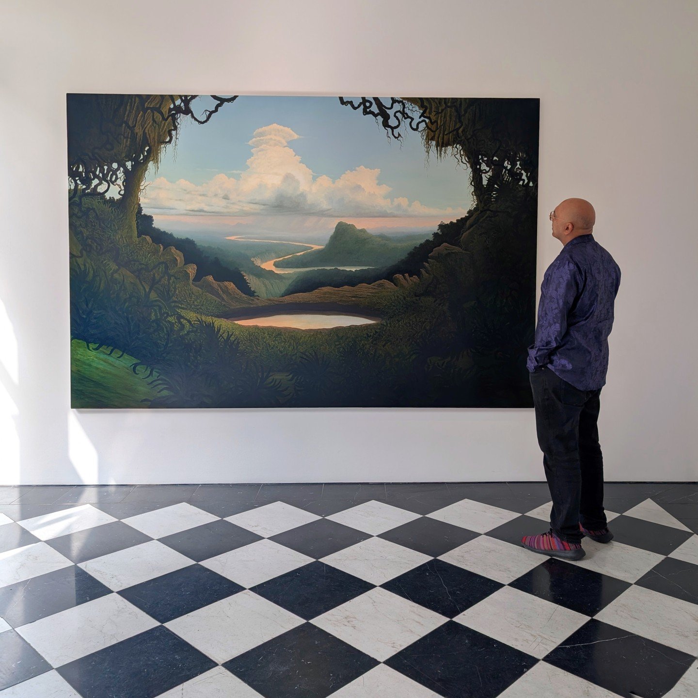 These spectacular views of mountains, forests, and water landscapes are all fictional. Sholto Blissett leans into the rich history of British landscape painting, but rather than play with the positioning of people and objects as John Constable did, h