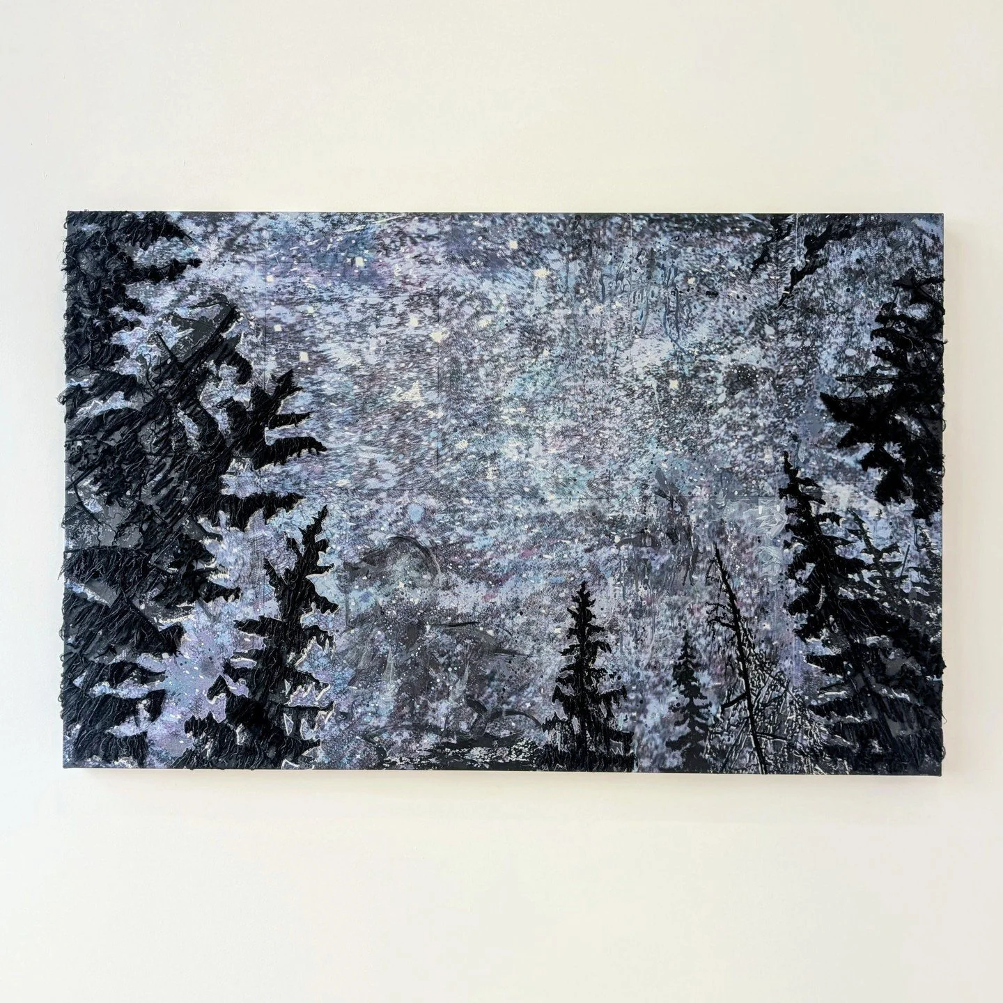 Cars and billboards are both symbolic of the roads we travel as we venture further into nature, as the remaining manmade objects visible are encompassed by flora. There&rsquo;s a great texture to these works, a mixture of print, painting and stitchin