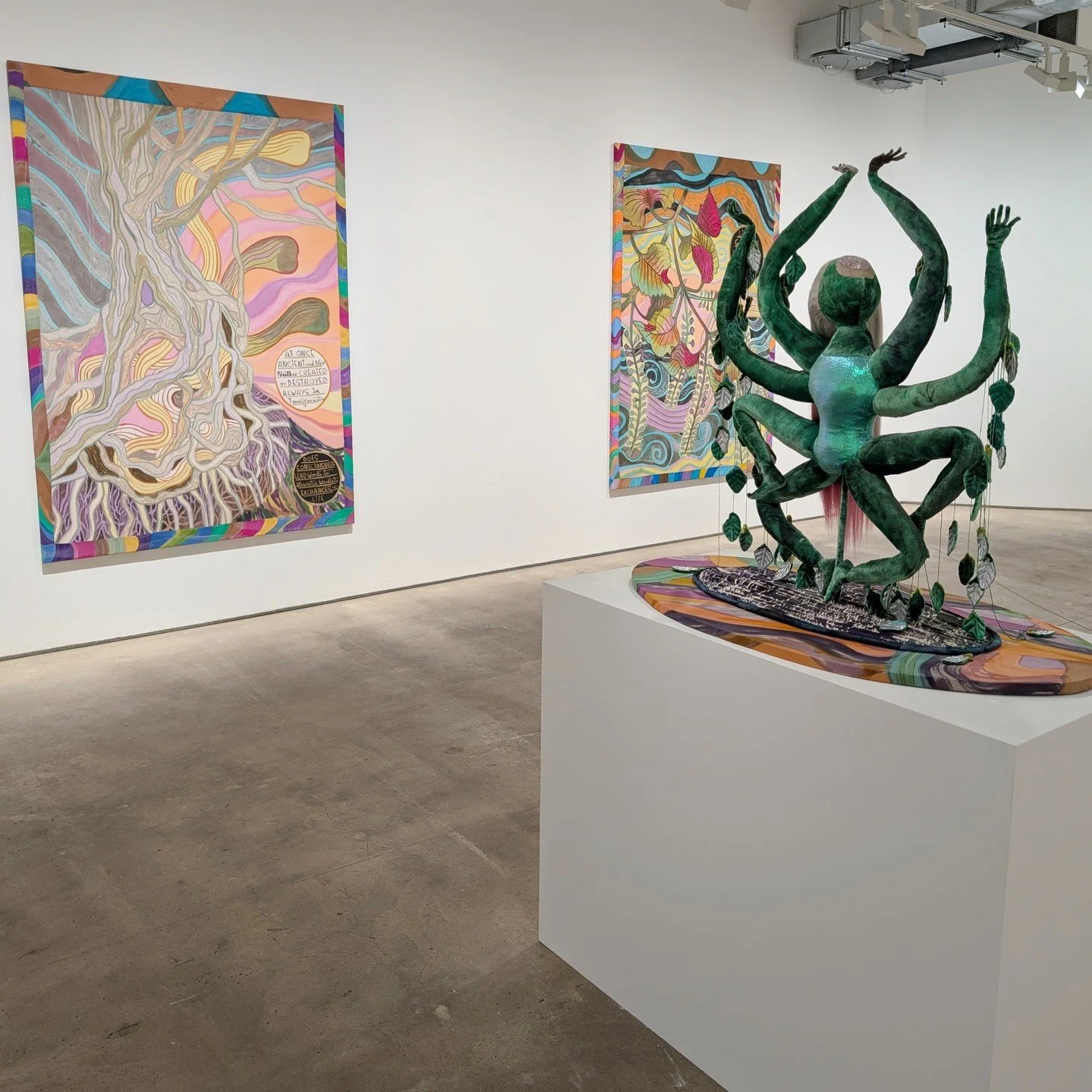 Trippy landscapes shimmer in silk paintings that examine our relationship with nature. The works exclaim, &lsquo;everything is energy&rsquo;, and &lsquo;life goes on without you. We rewild. We flourish&rsquo;. With a goddess-like sculpture in the cen