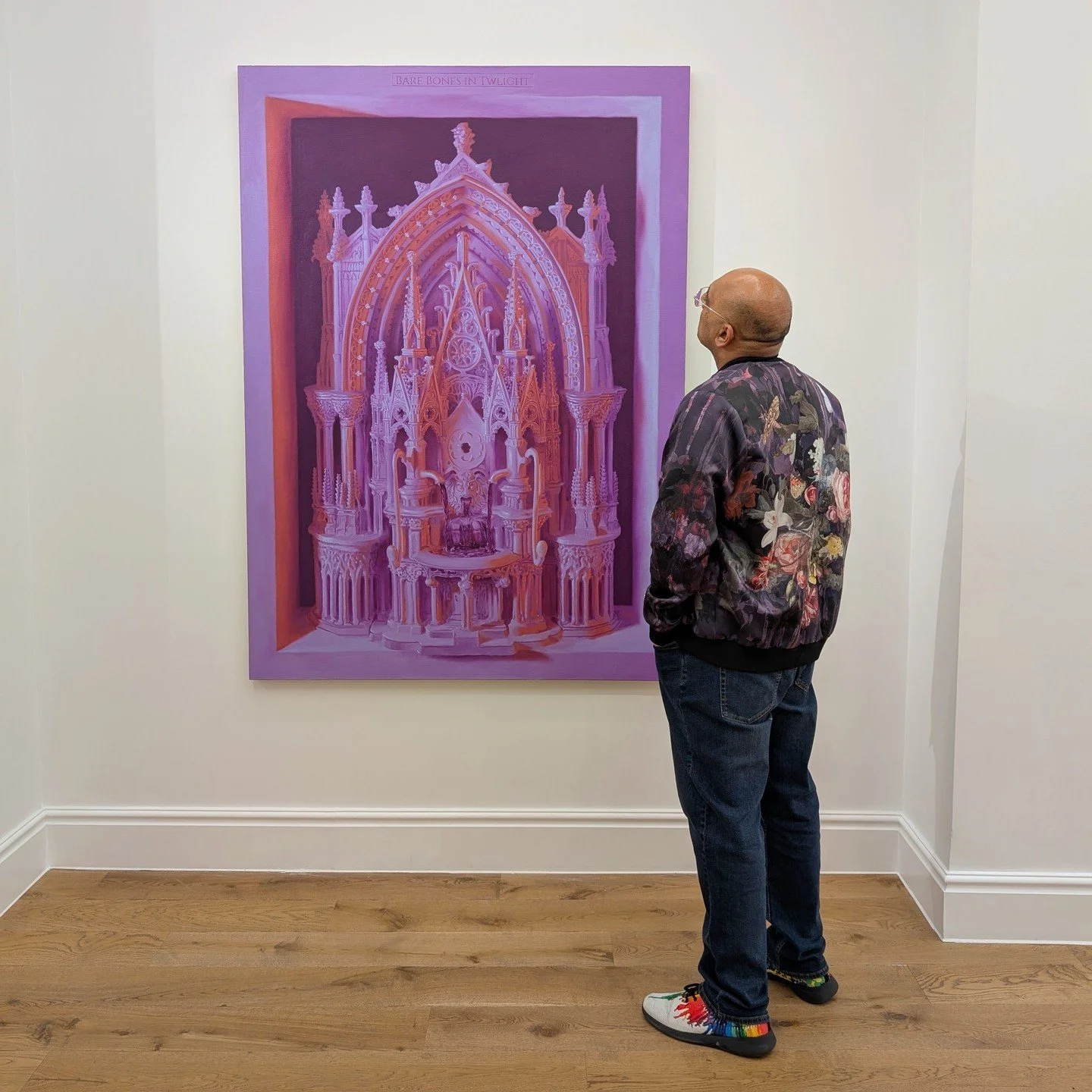 Different schools of art and architecture meet in these meticulous paintings, which feature ribbed vaults, arches and gargoyles but don&rsquo;t denote any known structures. Choosing to paint each piece with a limited colour palette gives them a 3D ef