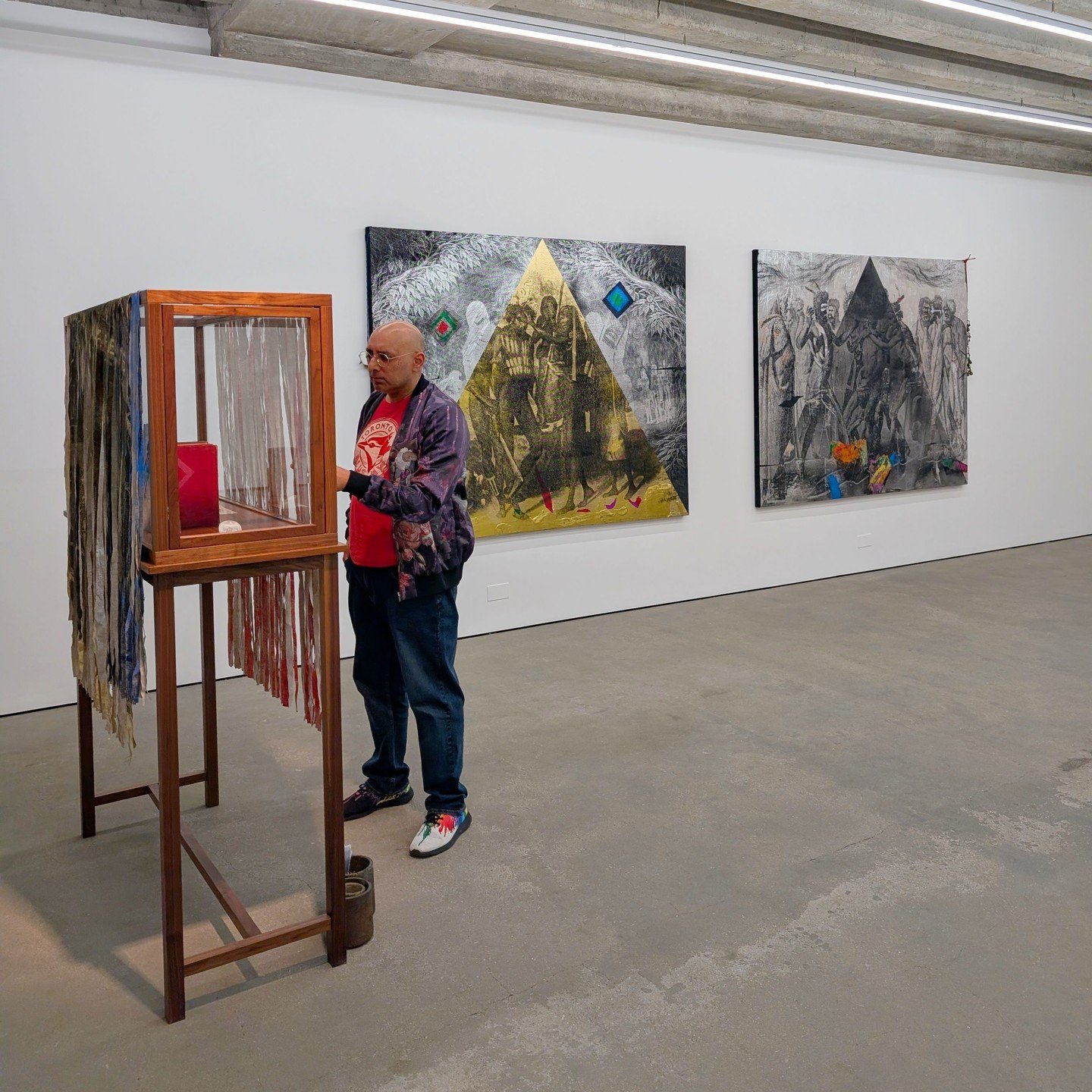 Drawing from his Indigenous Australian heritage, Brook Andrews incorporates symbolic items such as Echidna quills and a wedge-tailed eagle feather into his work, which focuses on rituals and their relationship to the local population and the land. It