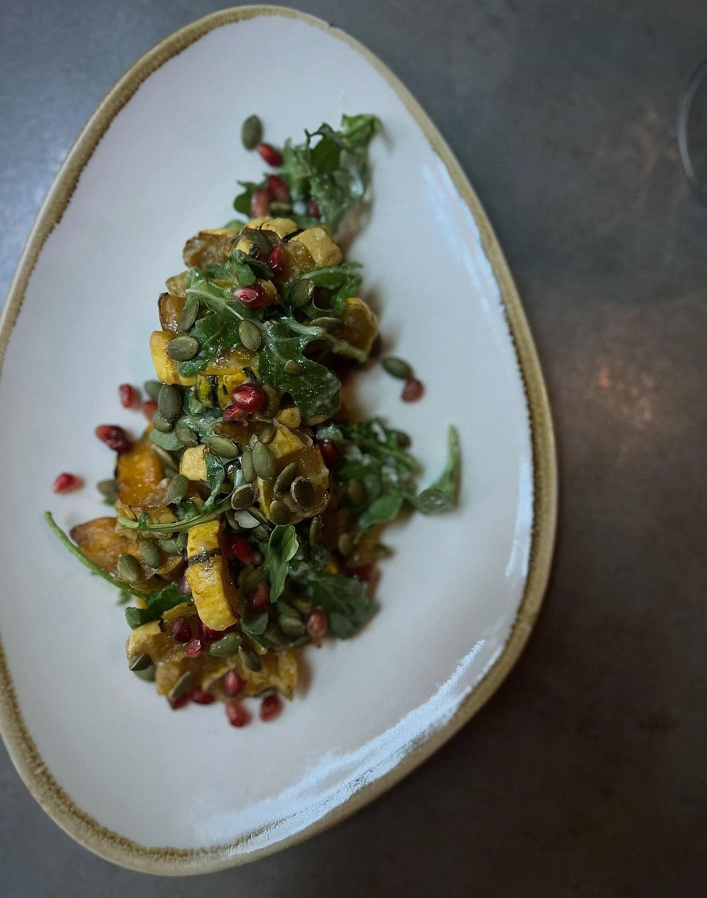 Proper Prior Planning with Pumpkin, Pomegranate &amp; Pepitas - how's that for a new tongue twister???

Roasted delicata squash with pumpkin seed vinaigrette, pomegranate &amp; pepitas from the newly engaged Chef @kathrynbritten 💍. 

Congrats Chef ?