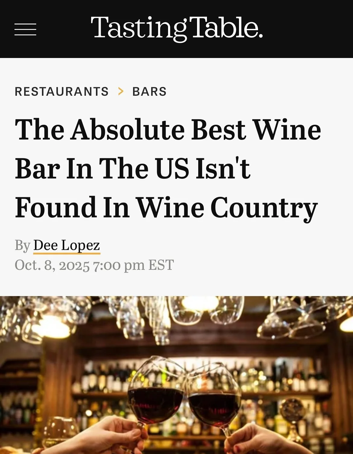 .
🥳🥳🥳🥳🥳🥳🥳🥳
WWWHHHOOOAAA

THANK YOU @tastingtable for naming us the #1 wine bar in the country!!!! 🥹🥹🥹 And thank you Dee Lopez for writing such kind words about our little #wineshack. 

We talk about what makes an &quot;experience&quot;  al