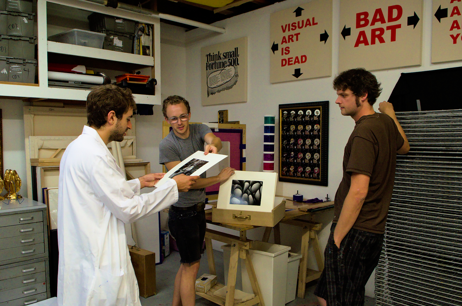 Daniel Rolnik (left) and Ryan McIntosh (middle) founded a new silkscreen studio in january 2013 called "Intellectual Property Prints". They propose artists who are unfamiliar with printmaking techniques to assist them in editing their work.