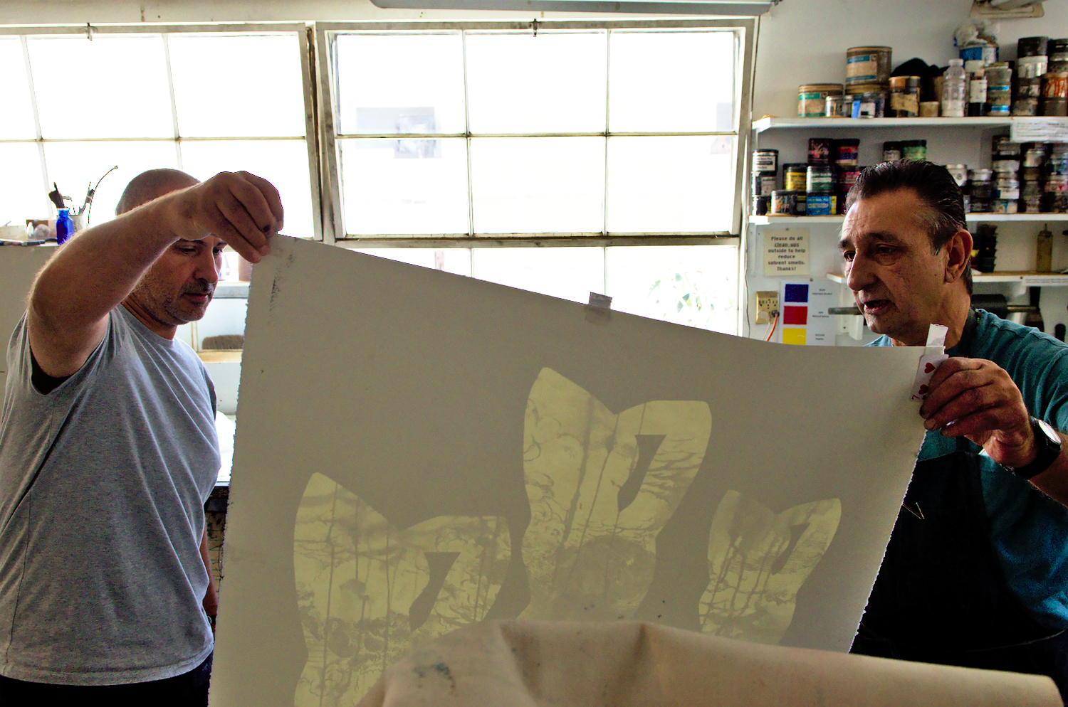 Discovering each print after it has undergone the press process is always a key moment. The print reveals itself and often surprises, before it feeds and pushes the creative process further.