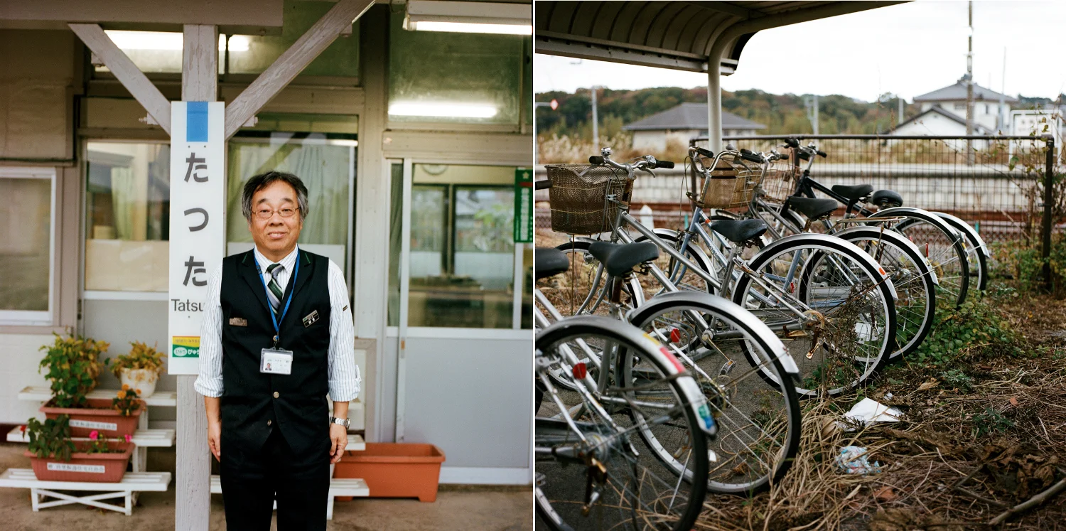 カマクラモリヤスさんは楢葉町の竜田駅で働いています。彼はいわき市出身ですが、楢葉町の復興にとても熱心です。駅構内とその周辺に植えたたくさんの花々を誇らしげに見せてくれました。竜田駅の駐輪所に放置された20台ほどの自転車には、イバラが少しづつ巻き付いてきています。日本では全国どこでも盗難が非常に少なく、これらの自転車も例に漏れず鍵がかけられていません。