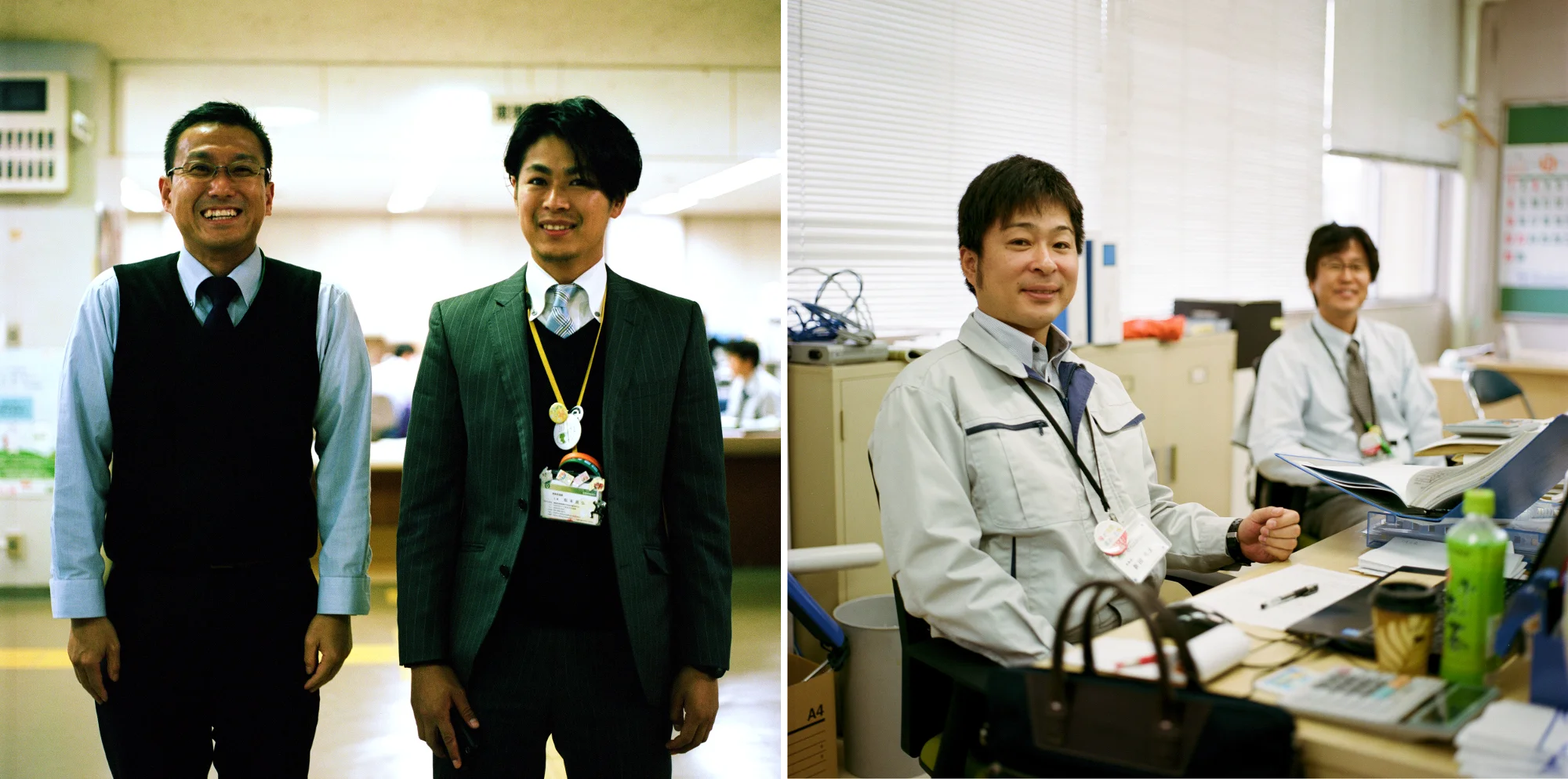 ︵左の写真︶の2人は楢葉町役場で働いており。右に写っているのは楢葉町出身のマツモトマサヒロさんです。自宅が津波で流されてしまいましたが、家を建て直すお金がありません。いずれにしても、家族は楢葉町へ戻ることを望んでいないのです。 ︵右の写真︶この2人の男性はコミュニティーセンター「ならはみらい」で働いています。同センターは楢葉町の委託を受けて、町に戻った住人たちが社会的なつながりを再び持てるように取り組んでいます。彼らは地域広報の発行や、社会活動として町の美化活動(花の栽培など)の企画を行っています。左のニッタさんは、楢葉町の北西100㎞に位置する都市、郡山に住んでいます。震災前は楢葉町に住んでいましたが、幼い子どもが2人いるので自宅に戻ることは考えていません。