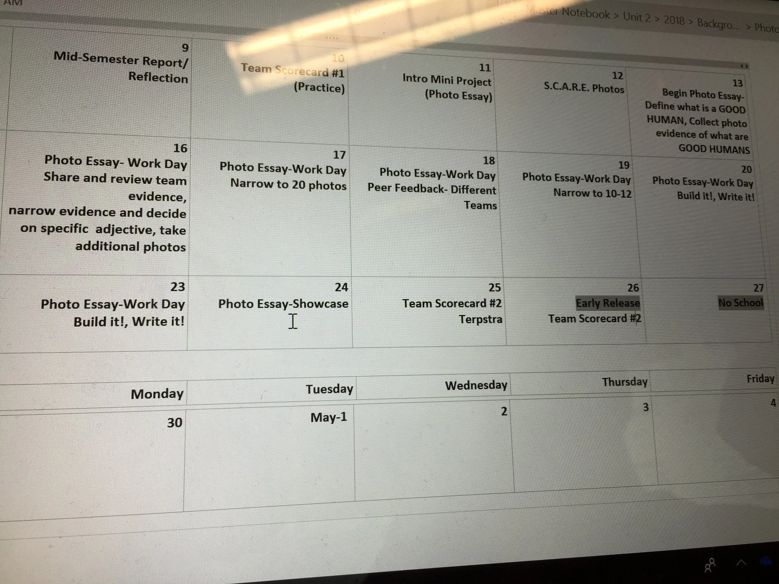 The calendar for our photo essay unit.