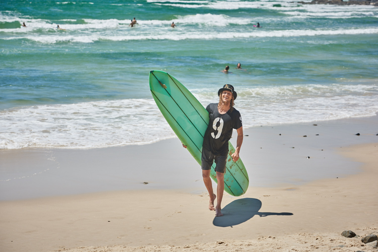 Bryce Young all smiles after winning the Byron Bay General Store BBSF Party Wave. He scored a custom FallenBrokenStreet hat with $1000 cash stuffed inside! Photo by Kane Skennar