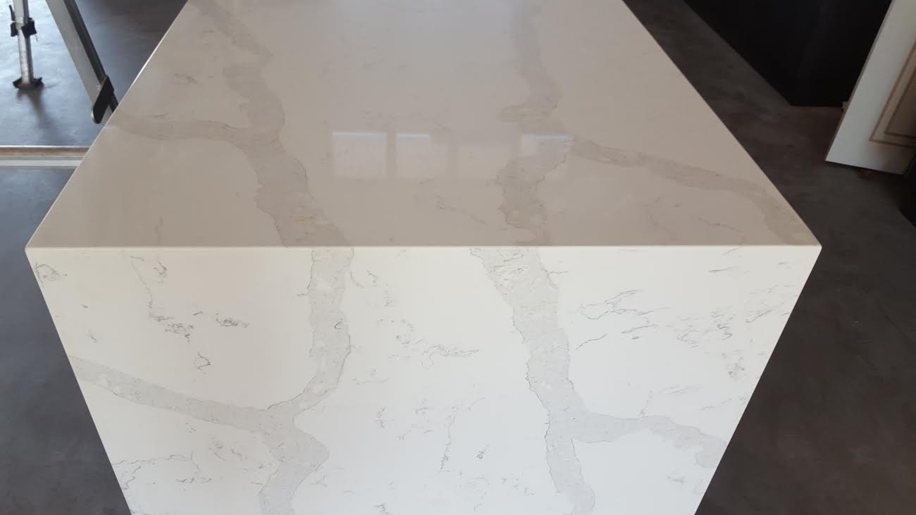 Smartstone 'Bianco Statuario' island with waterfall end, Humpty Doo