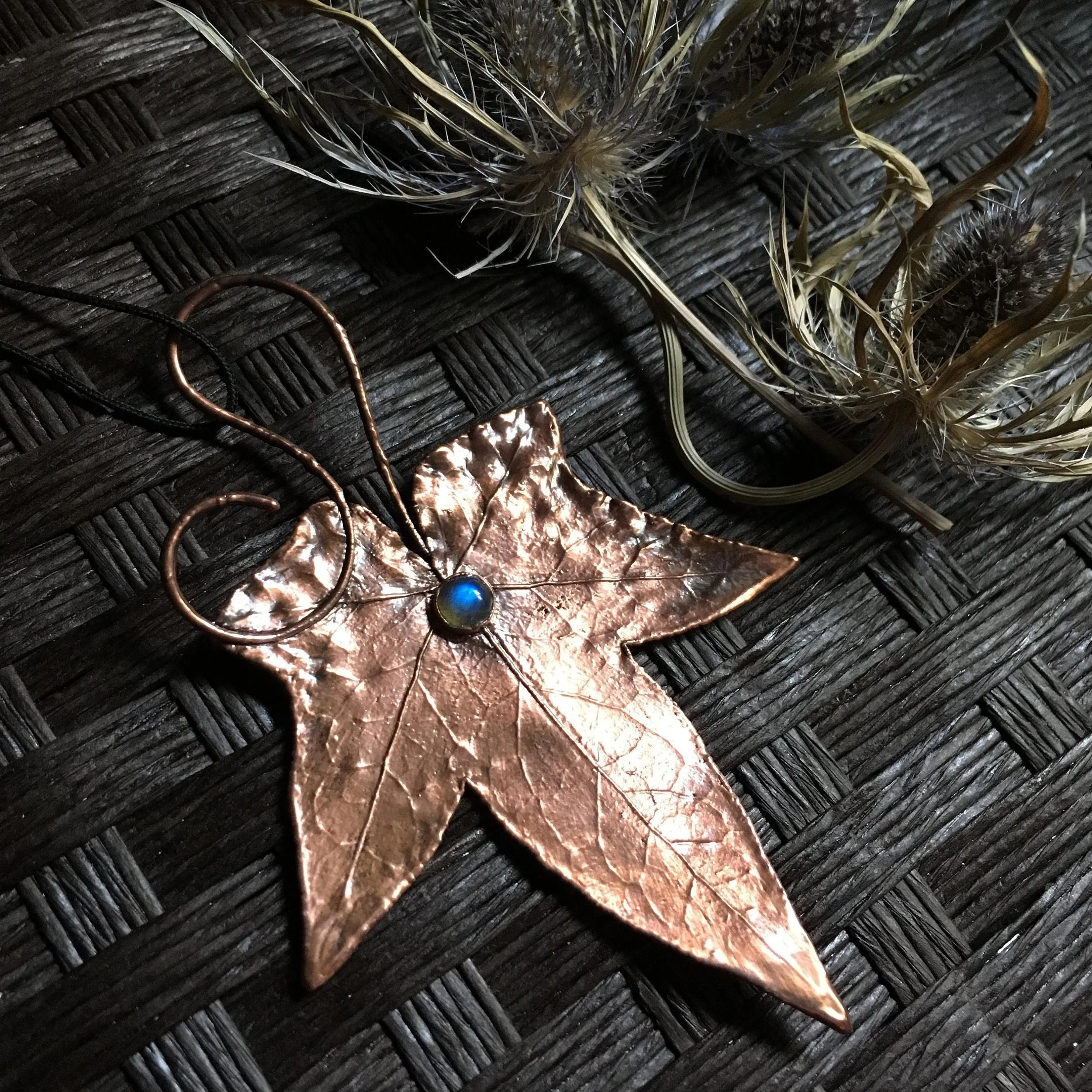Real Ivy Leaf Labradorite Pendant | Copper Electroformed Ornament