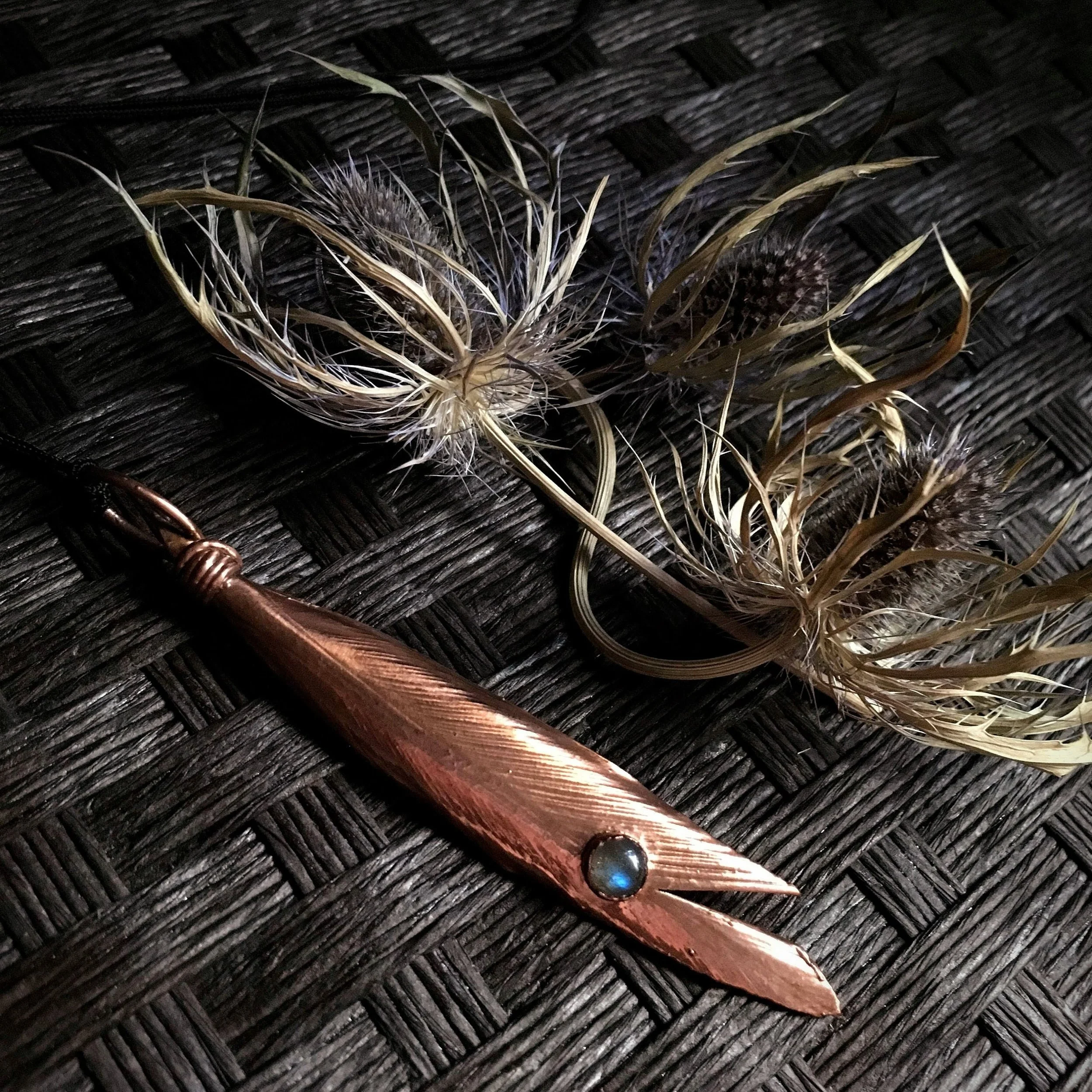 Split Feather Labradorite Stone Necklace | Copper Electroformed Pendant