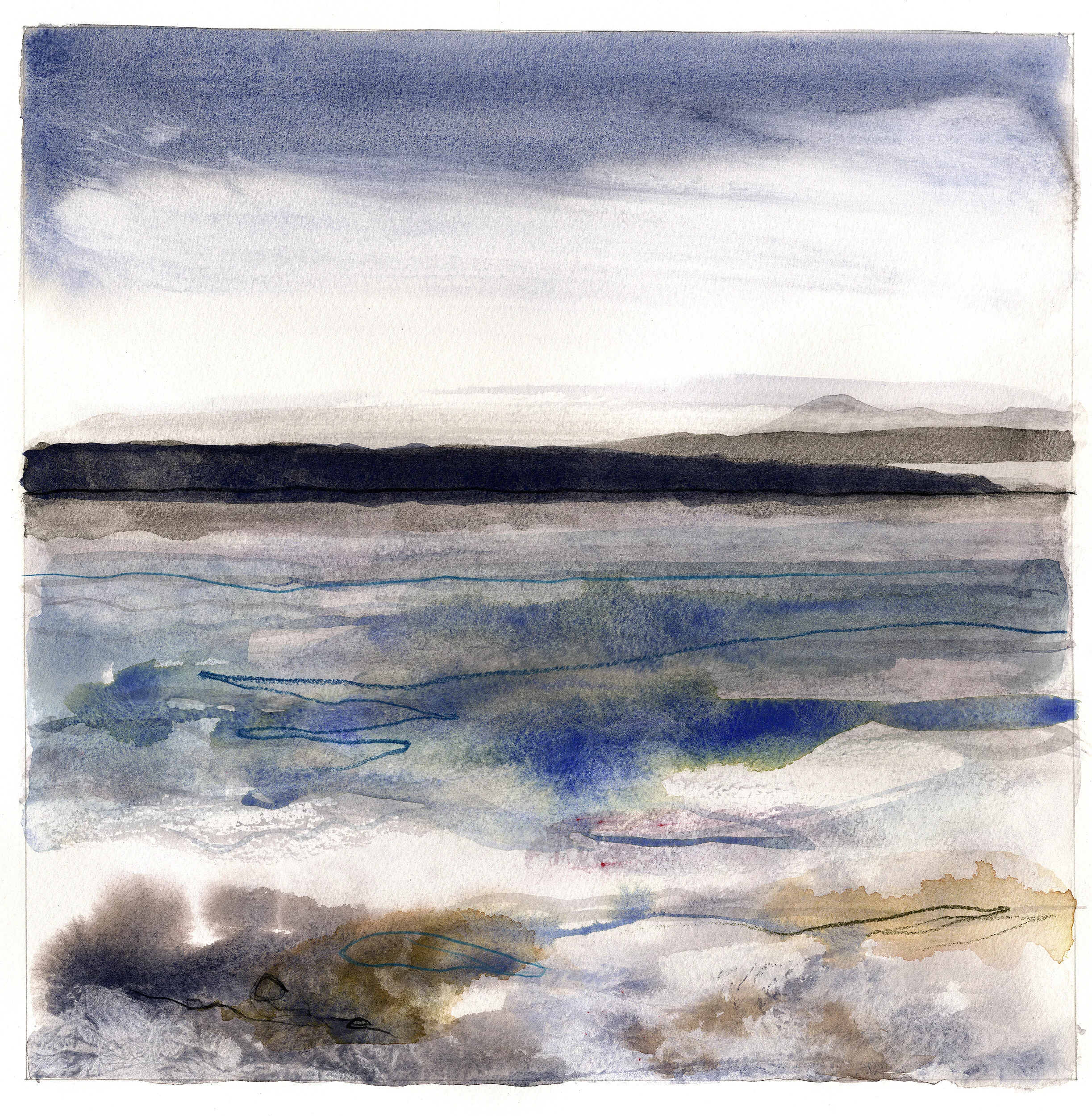 Landscape + Memory Series 2: Blue Water, Original in Gouache and Crayon