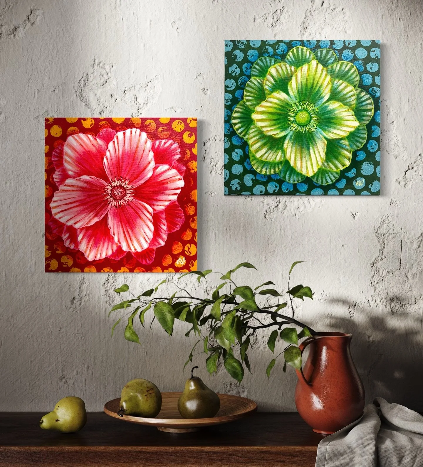 Meet two of my smalls artwork release, &lsquo;Green Rosette&rsquo; and &lsquo;Pink Rosette&rsquo;. Very colourful with a little bit of a retro vibe and a whole load of decorative pizazz. I painted these graphic ladies side by side at the same time. W