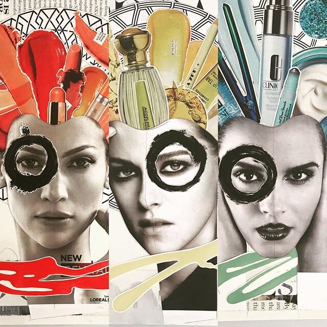 Creating some new layouts.... yet to finish these six pieces..... A3 on canvas board.... I&rsquo;ll post the finished ones up over the next week.... then on to some more.... yippee!!!! #collage #collagistescollective #cutandpaste #makeup #beauty #fam