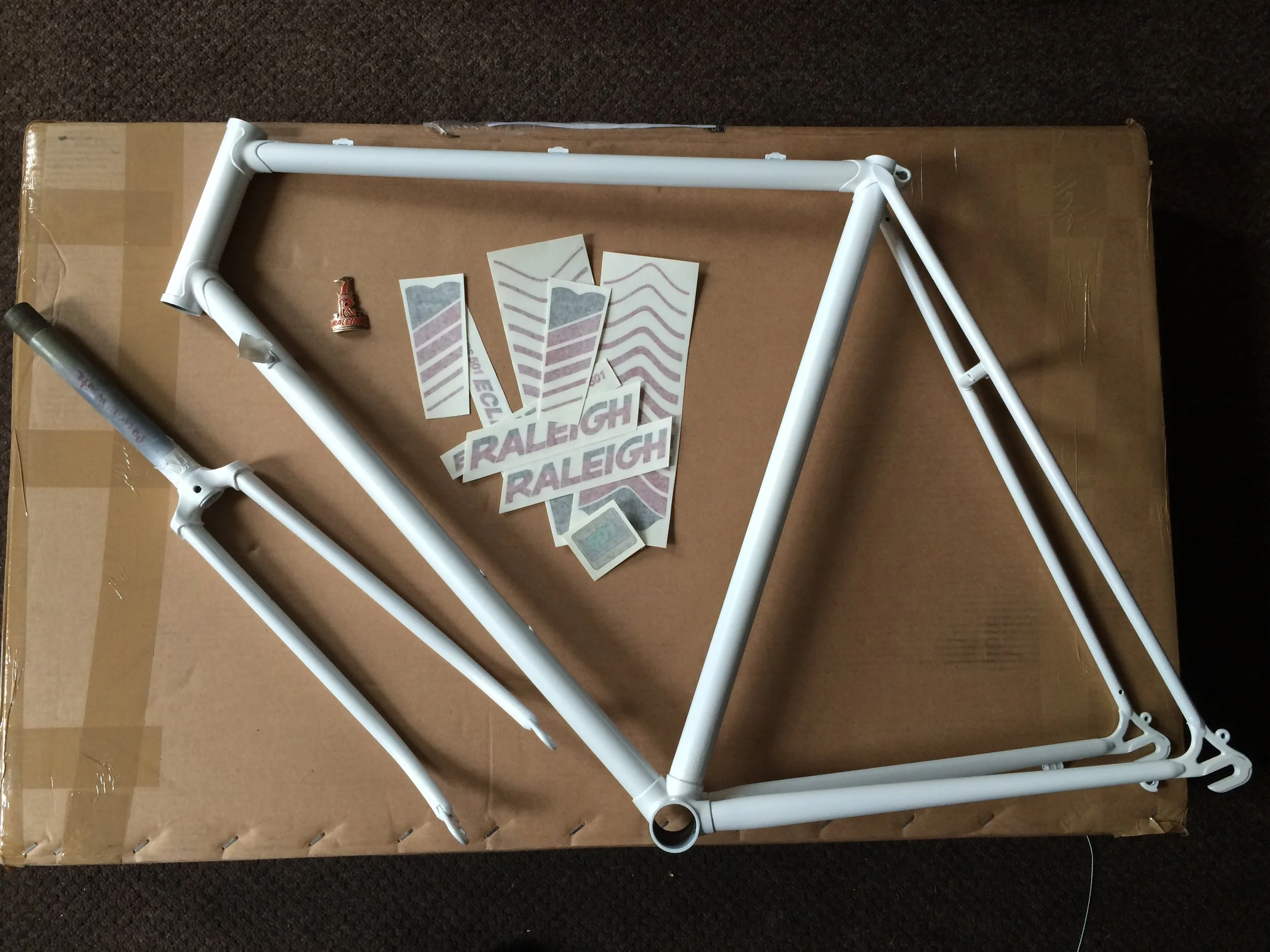 The repainted frame and forks ready for the full set of decals to be applied