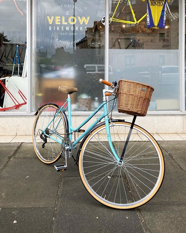 Another beautiful custom step through ready for collection. Finished in the ever-popular celeste with a full compliment of accessories including brass bell, mudguards, wicker basket and kickstand. We have one more mixte frame in this colour in stock 