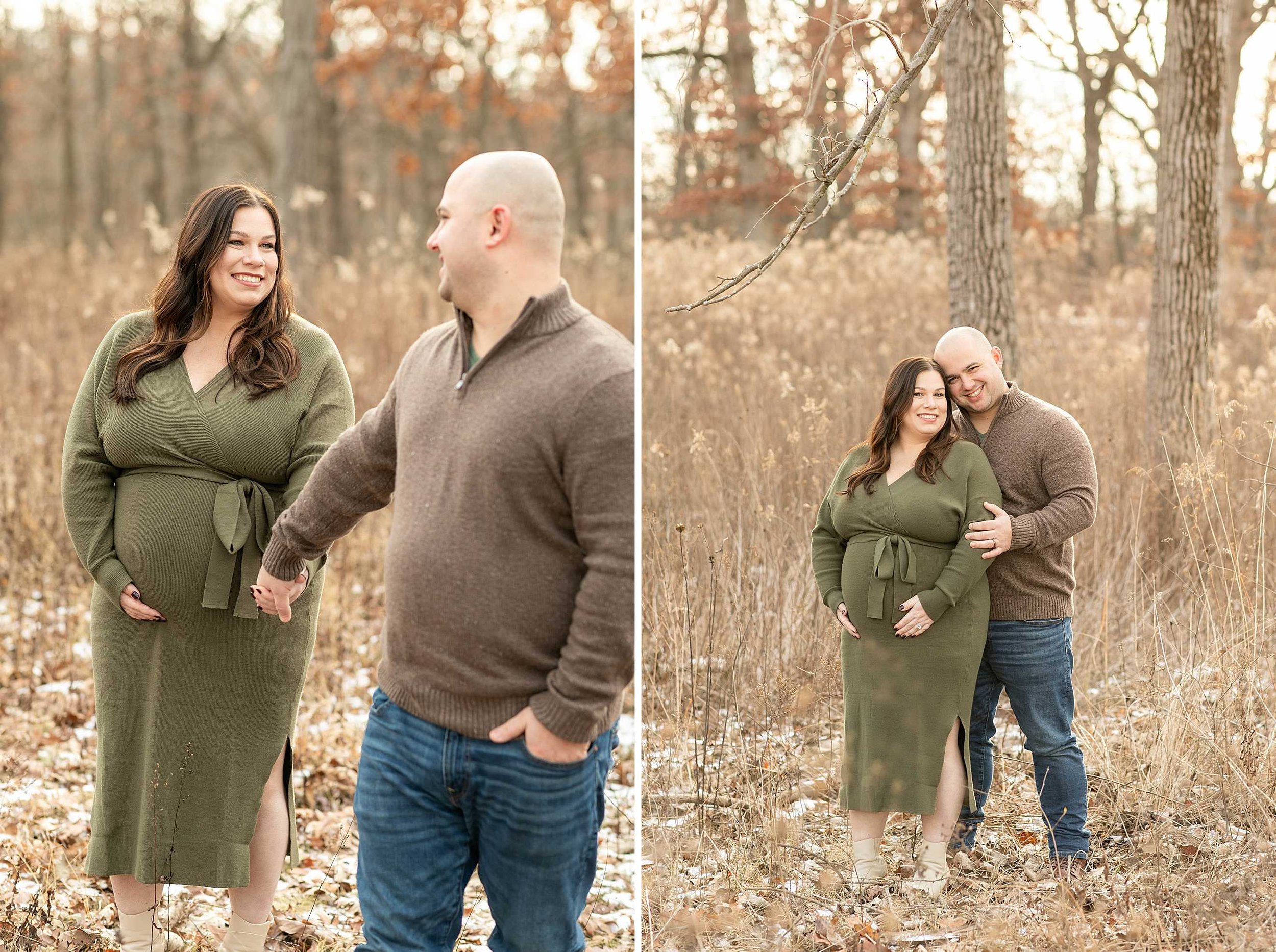 Winter woods maternity session at Goodenow grove in Beecher illinois
