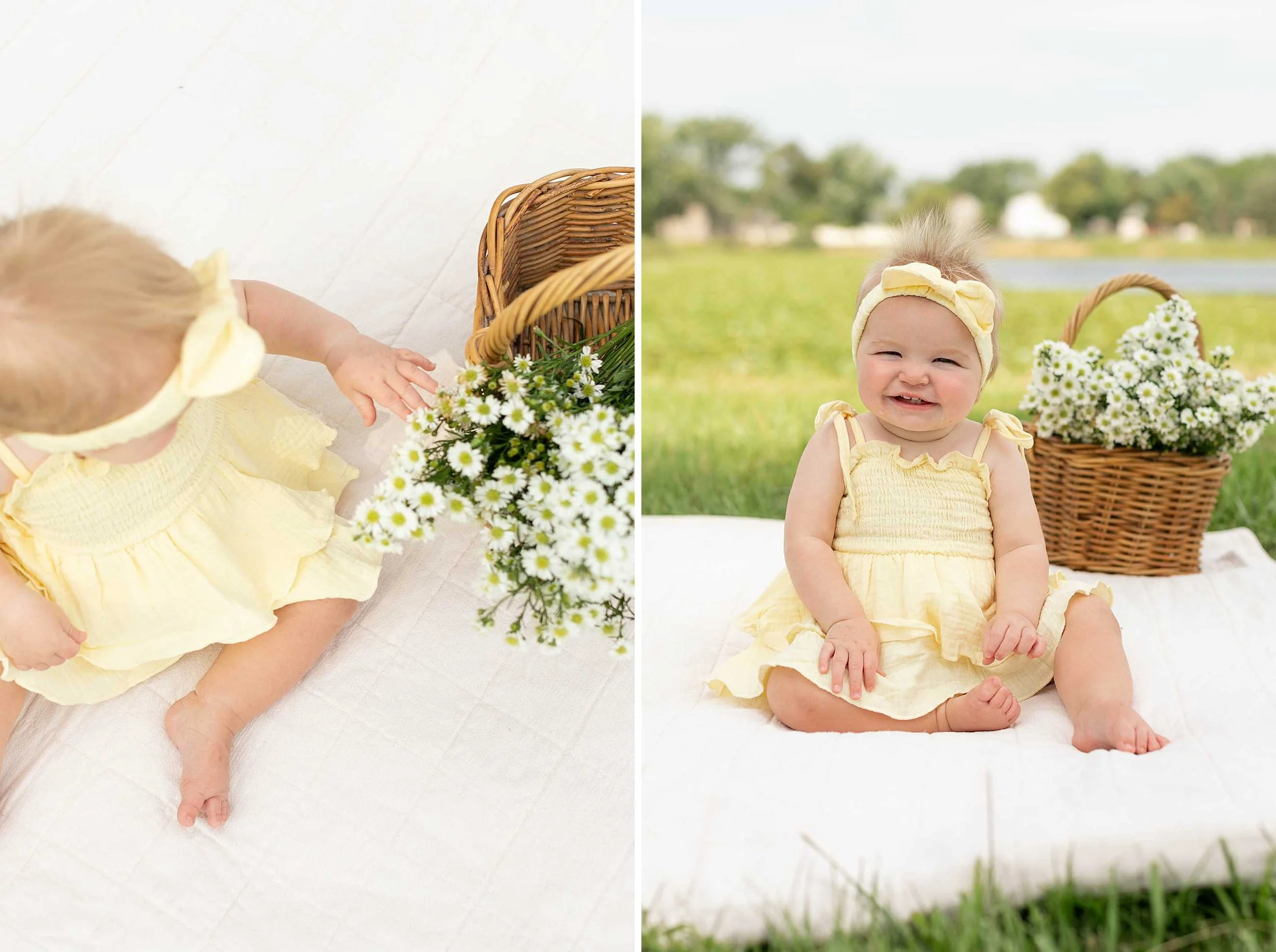 Butter yellow daisy first birthday cake smash Frankfort Illinois