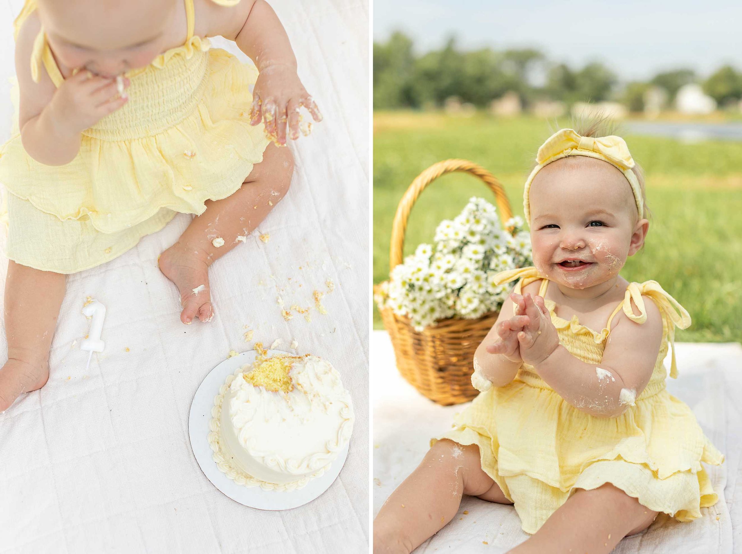 Butter Yellow Daisy First Birthday Cake Smash Session | Eloise