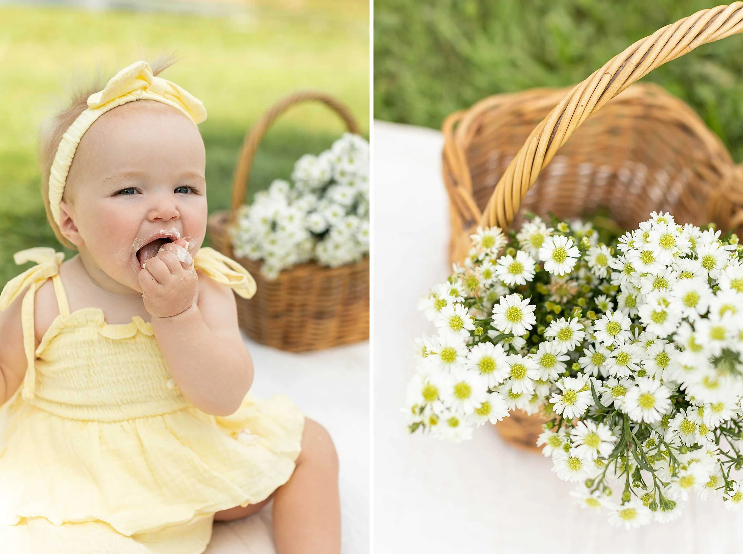 Butter yellow daisy first birthday cake smash Frankfort Illinois