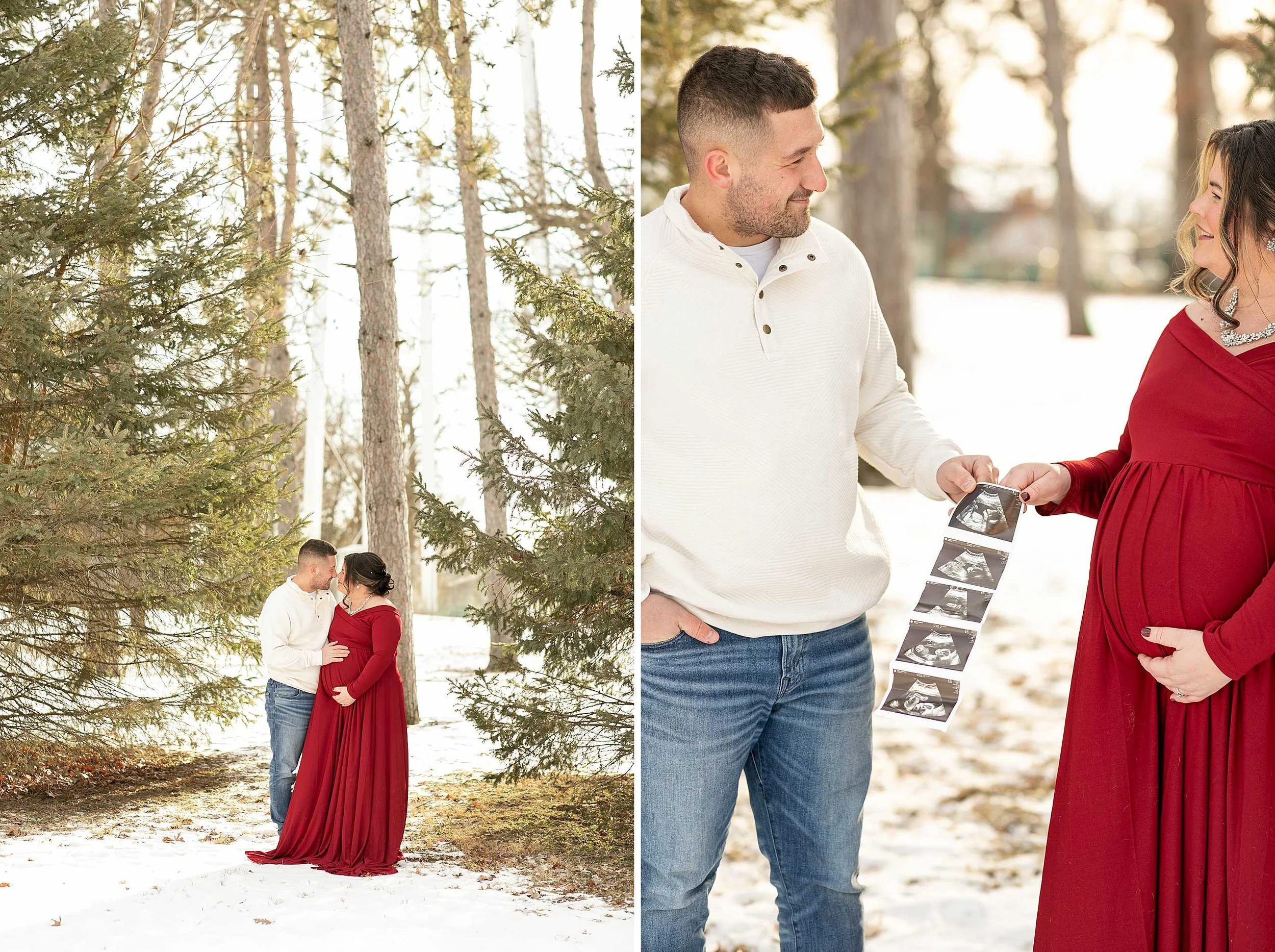 Snowy winter maternity session at evergreen park in Lowell Indiana